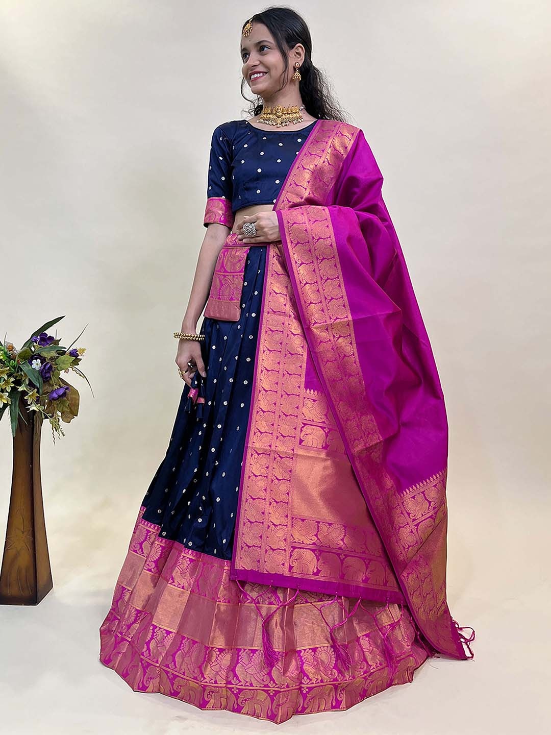 

Fabcartz Ethnic Motif Woven Design Semi-Stitched Lehenga & Unstitched Blouse With Dupatta, Navy blue