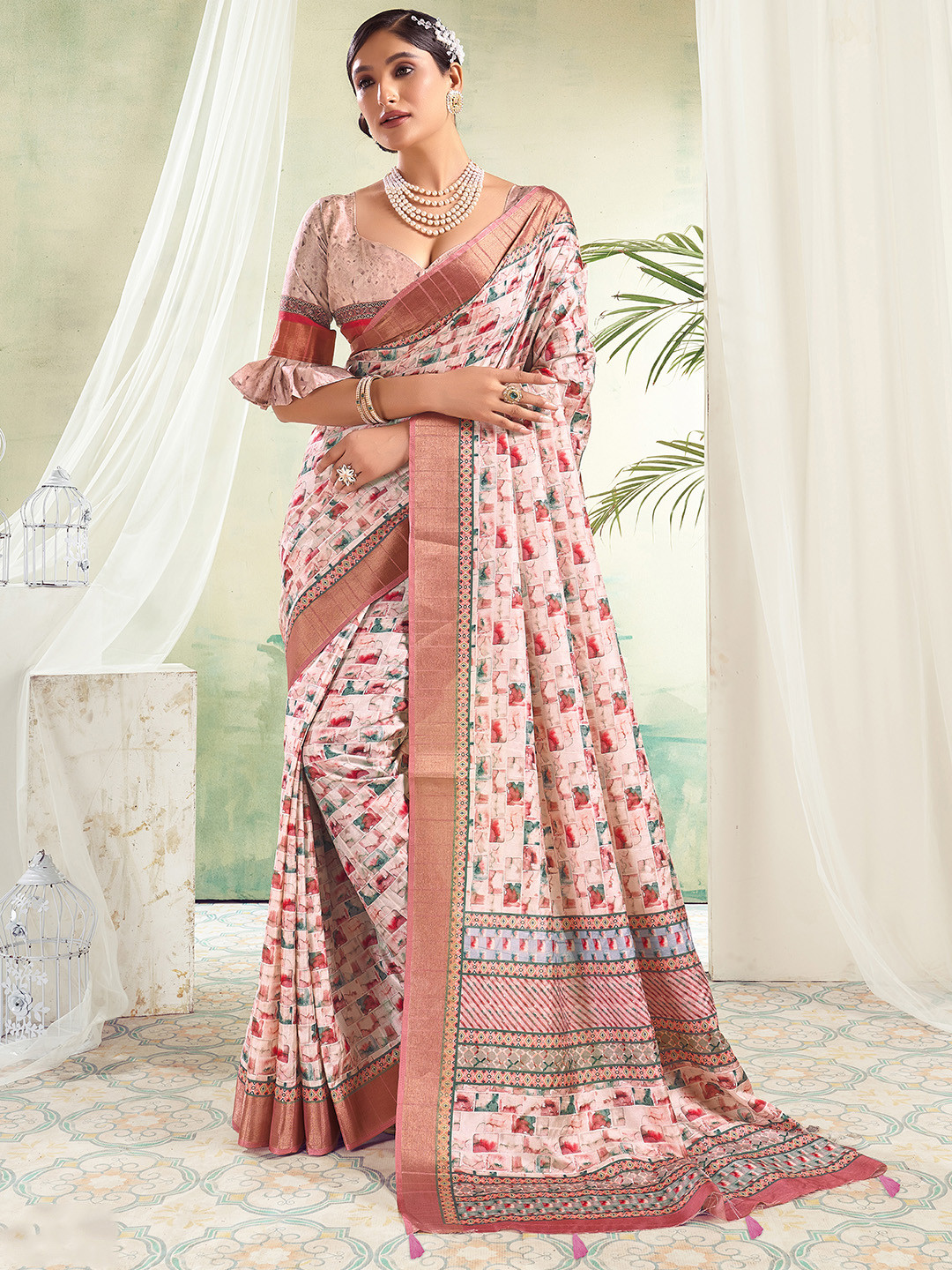 

SANSKAR Geometric Printed Zari Saree, Off white