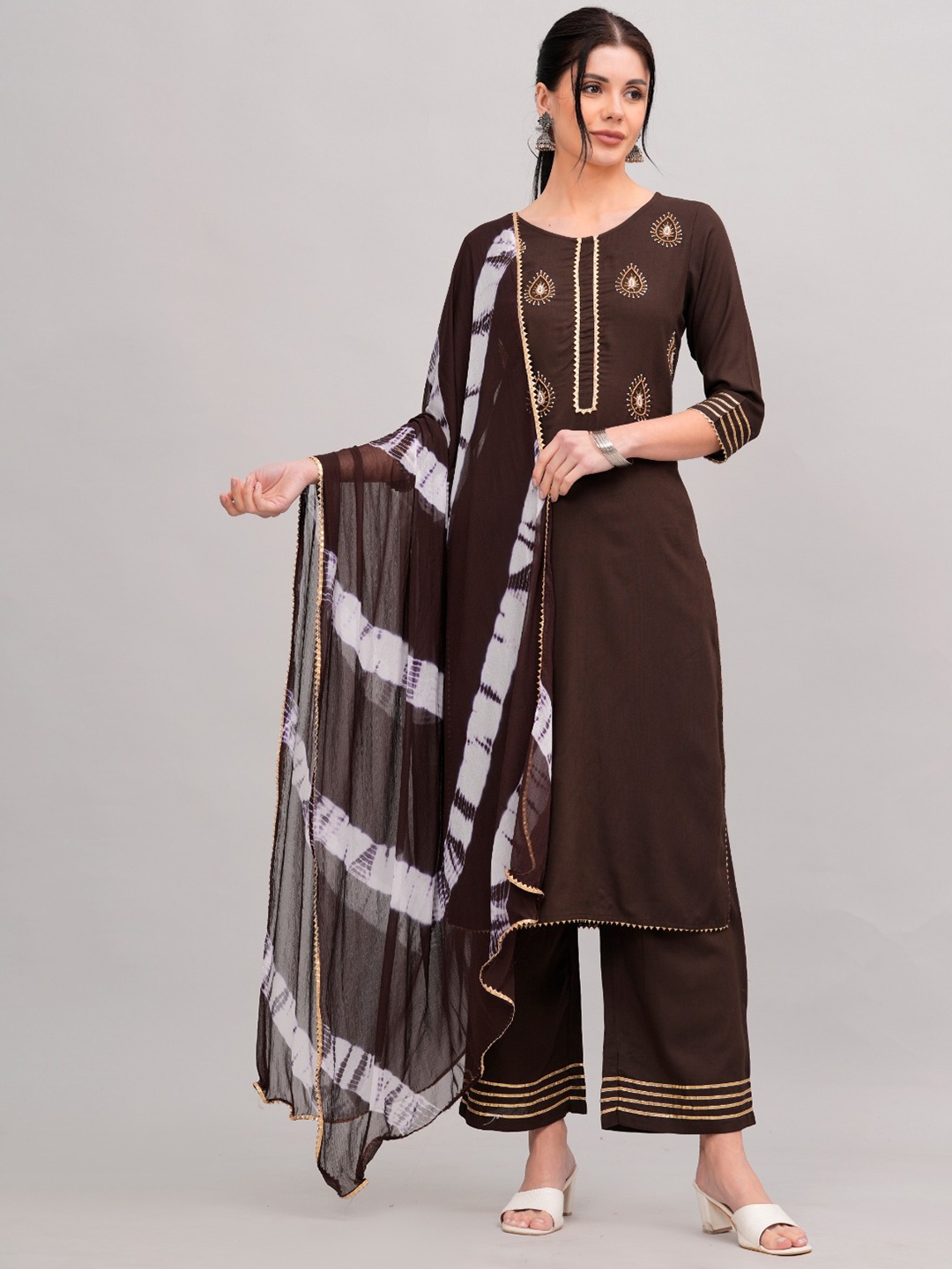 

MAUKA Embroidered Regular Thread Work Kurta With Palazzo & Dupatta, Brown