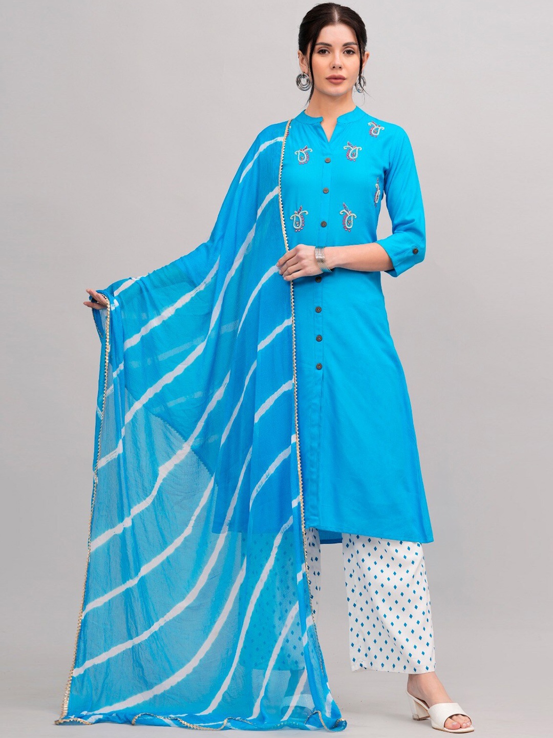 

MAUKA Ethnic Motifs Embroidered Regular Thread Work A-Line Kurta With Palazzos & Dupatta, Blue