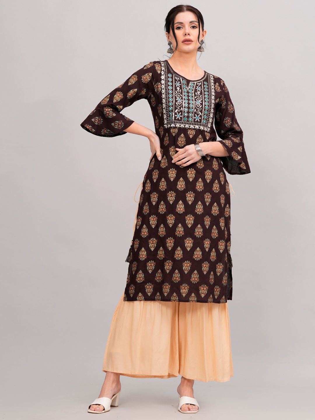 

MAUKA Ethnic Motifs Printed Regular Thread Work Kurta With Sharara, Brown