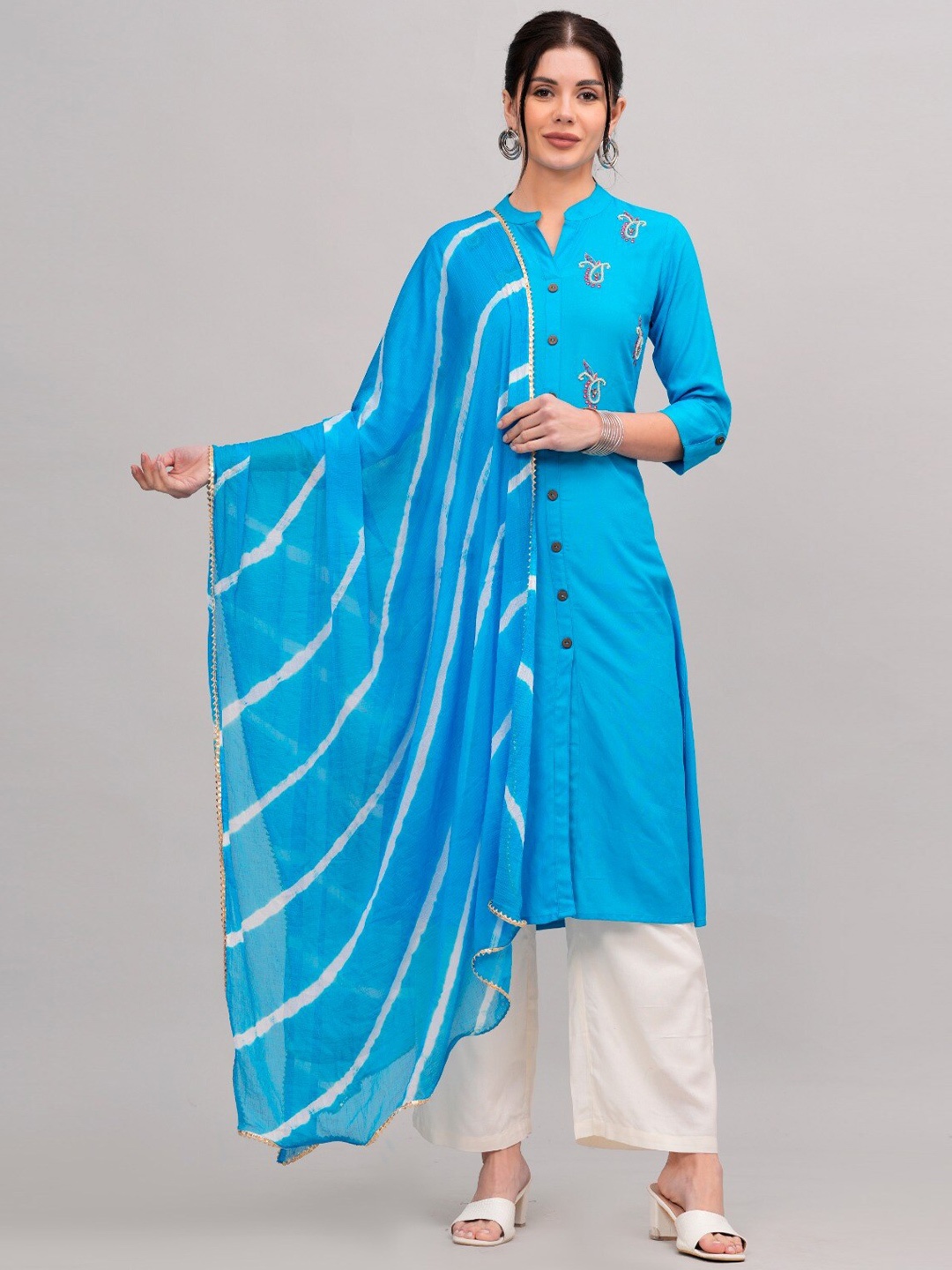 

MAUKA Ethnic Motifs Embroidered Regular Thread Work A-Line Kurta With Palazzos & Dupatta, Blue