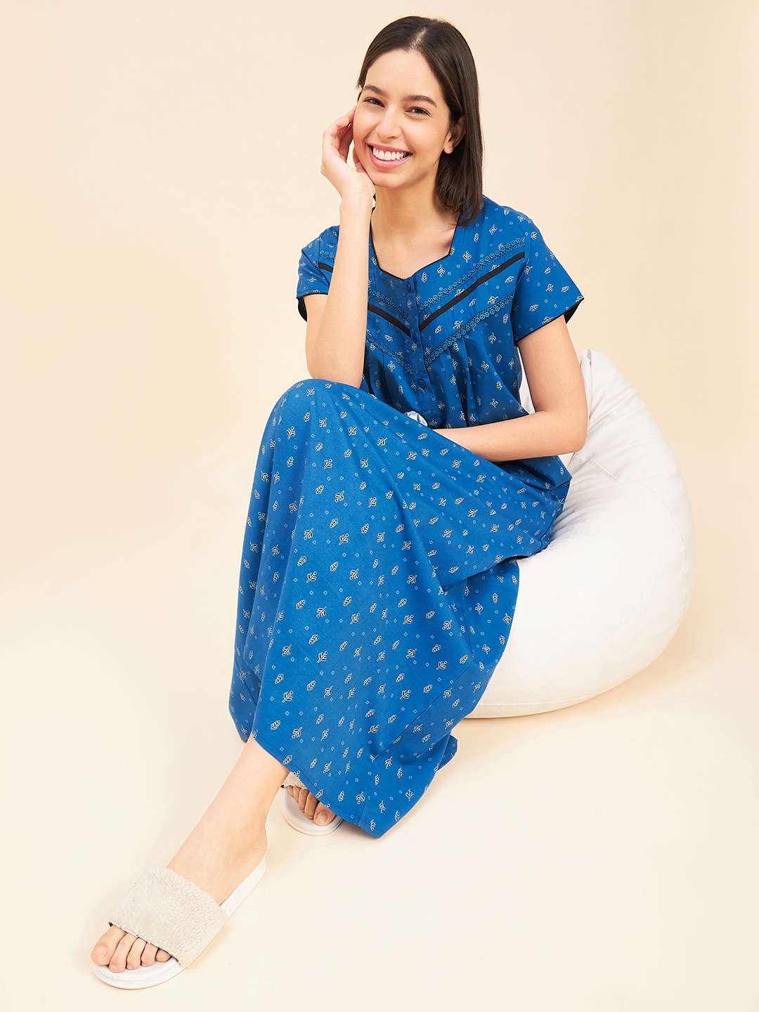 

Sweet Dreams Blue Ethnic Motifs Printed Maxi Nightdress