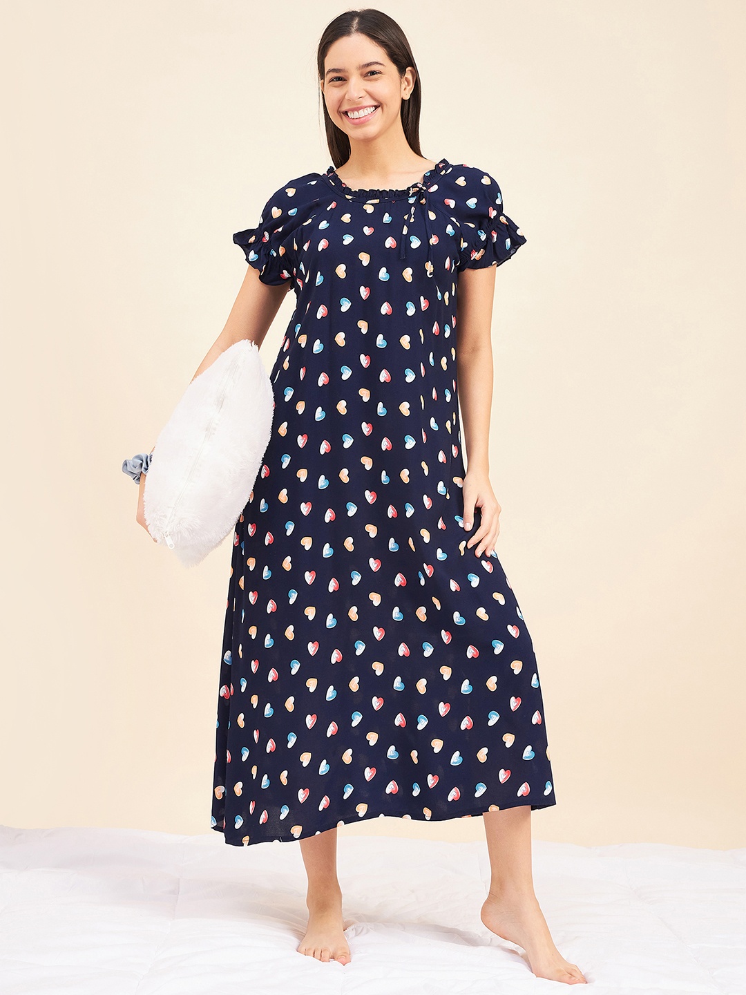 

Sweet Dreams Navy Blue Heart Printed Puff Sleeves Midi Nightdress