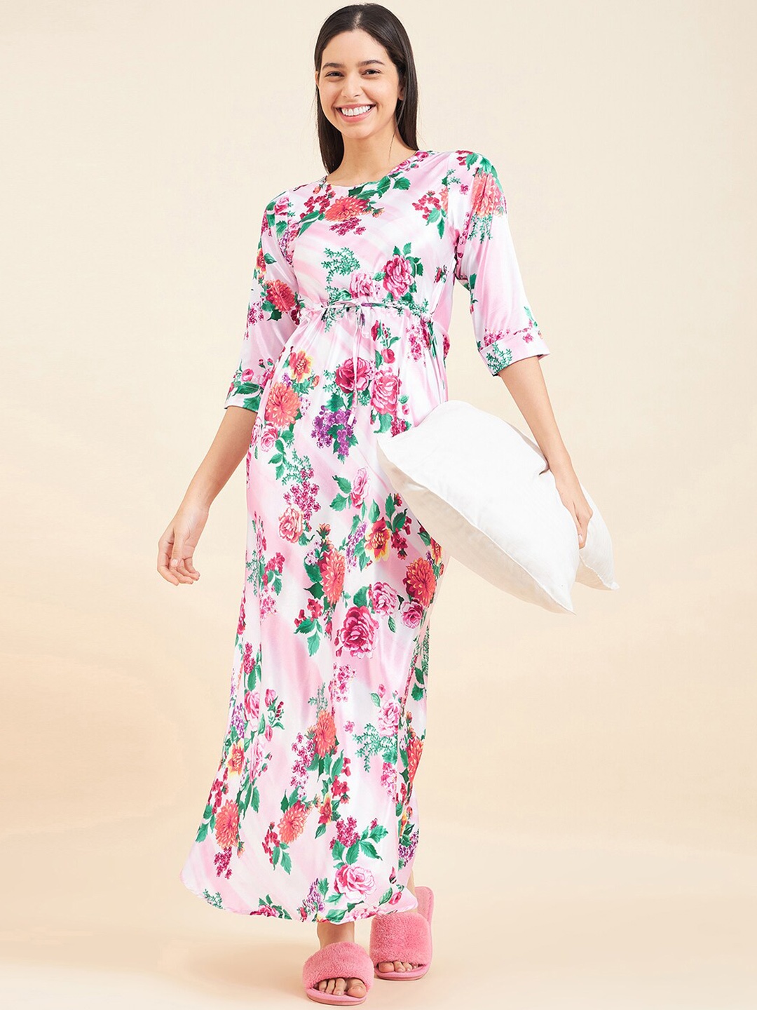 

Sweet Dreams Pink Floral Printed Satin Maxi Nightdress