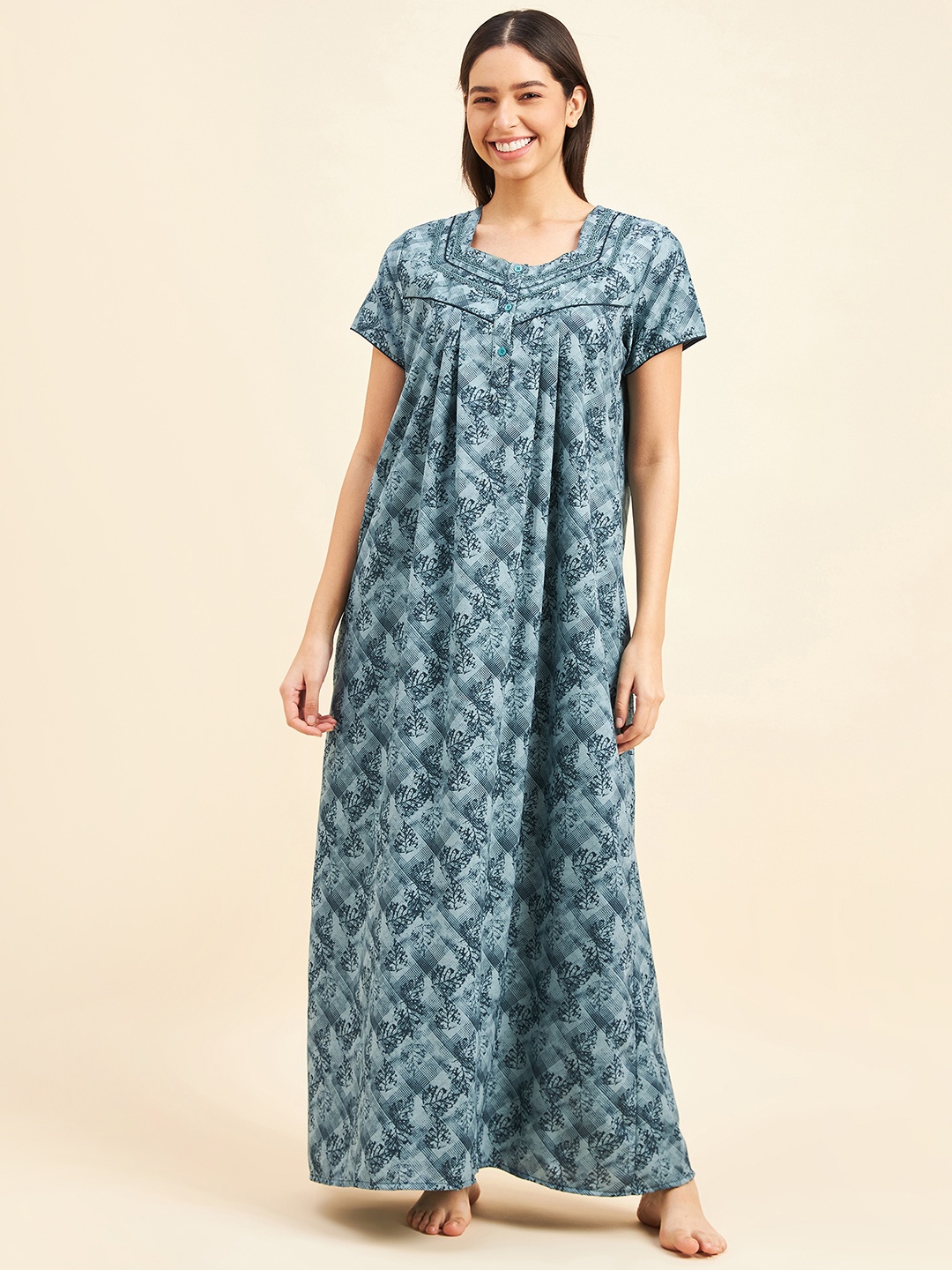 

Sweet Dreams Green Ethnic Motifs Printed Maxi Nightdress