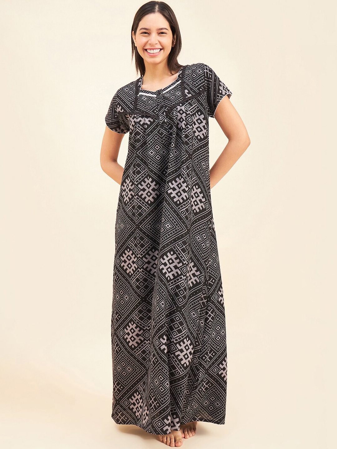 

Sweet Dreams Black Geometric Printed Pure Cotton Maxi Nightdress