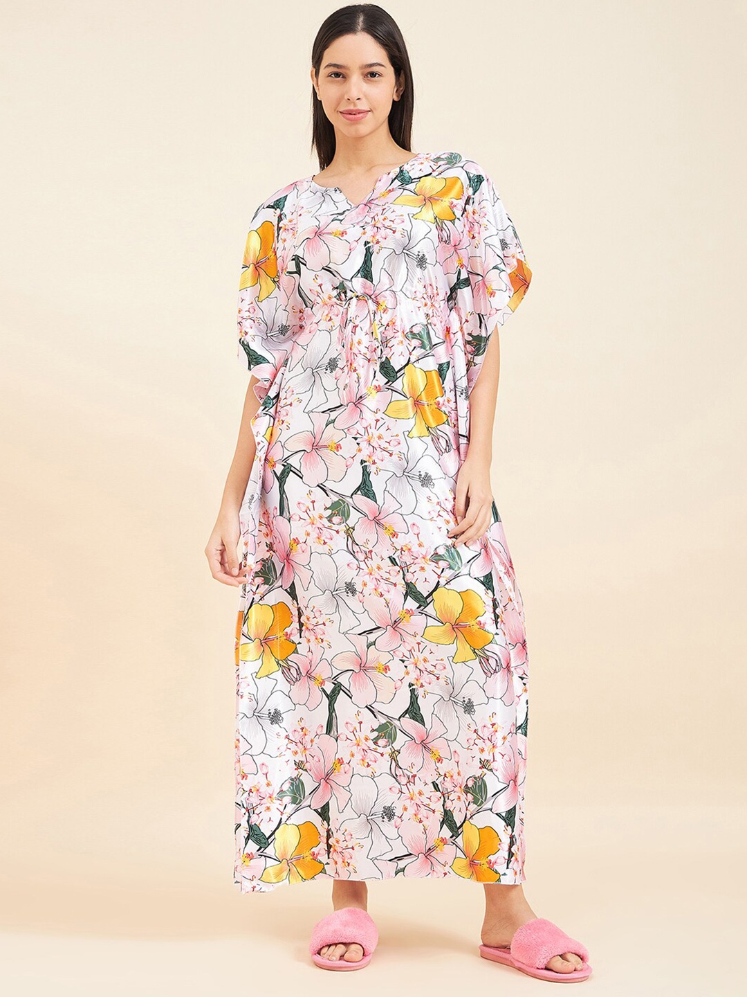 

Sweet Dreams White Floral Printed Satin Kaftan Nightdress