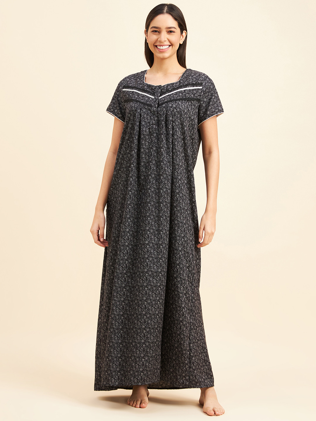 

Sweet Dreams Floral Printed Square Neck Nightdress, Black
