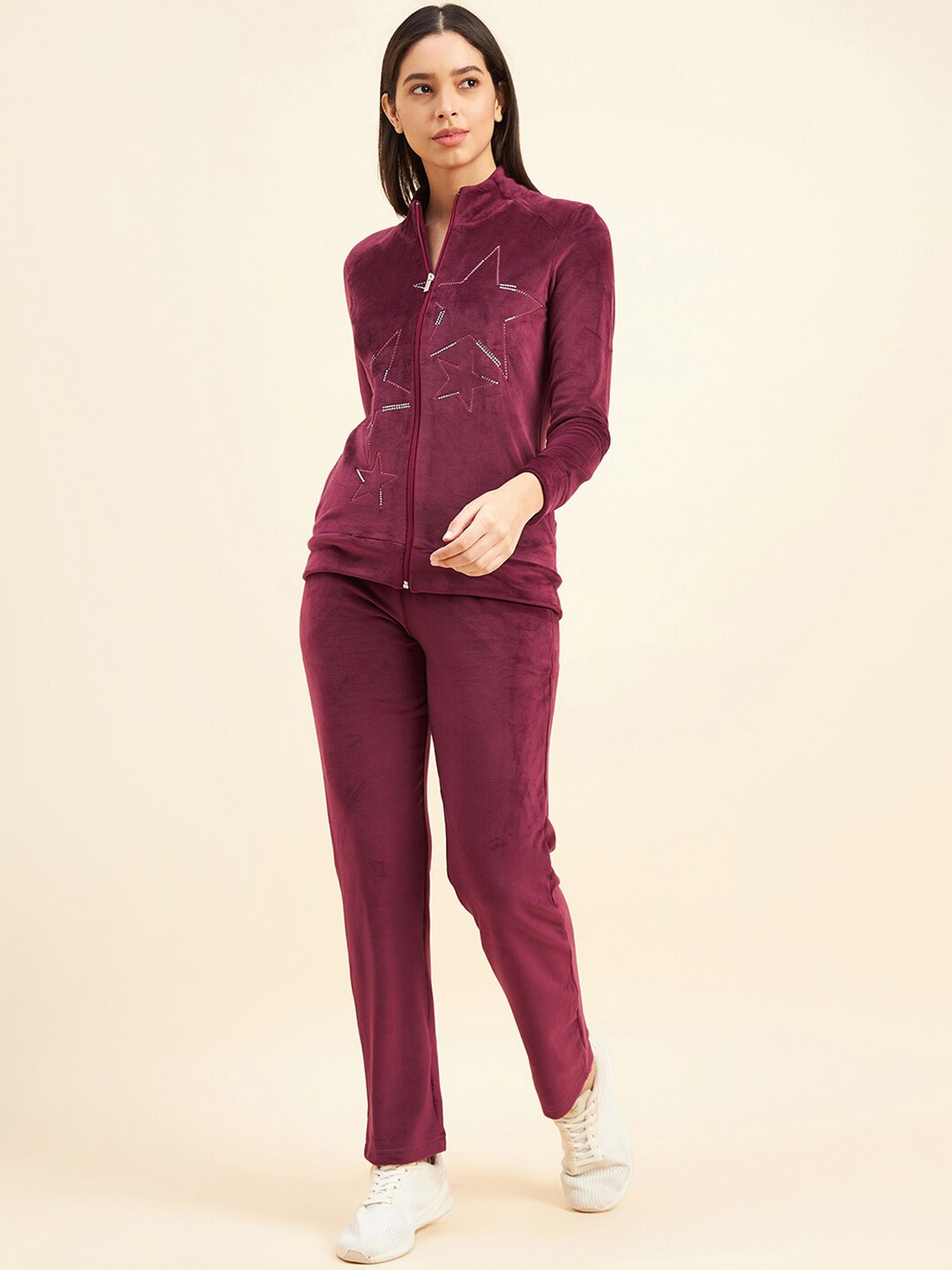 

Sweet Dreams Embellished Mock Collar Long Sleeves Velour Tracksuit, Maroon