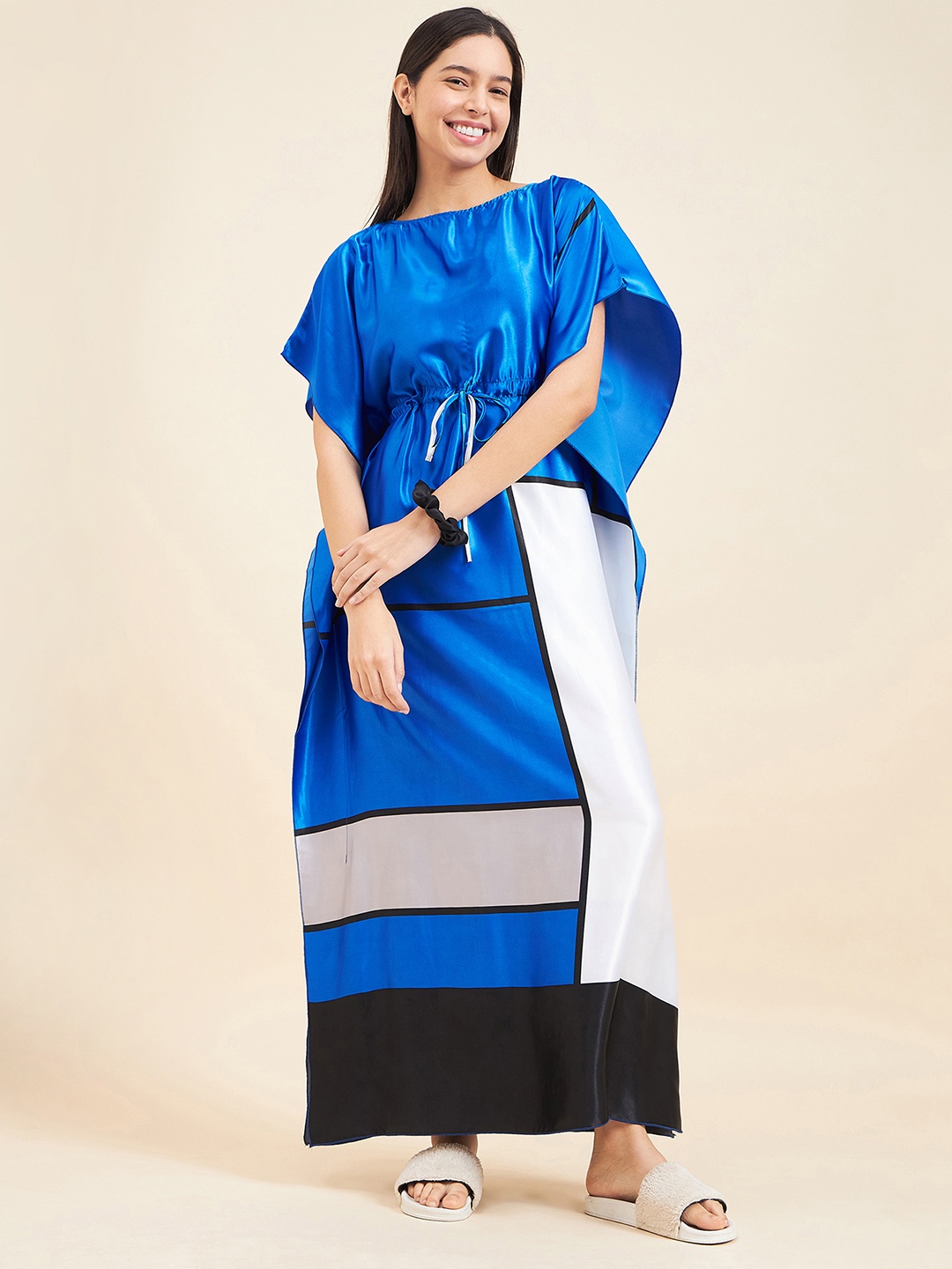 

Sweet Dreams Blue Colourblocked Satin Maxi Kaftan Nightdress