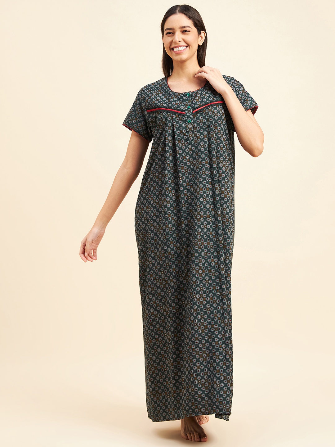 

Sweet Dreams Green Ethnic Motifs Printed Maxi Nightdress