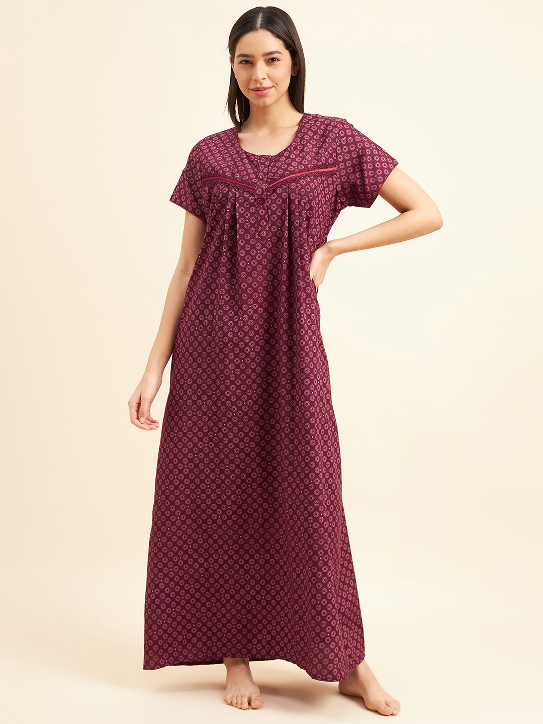 

Sweet Dreams Maroon Ethnic Motifs Printed Maxi Nightdress