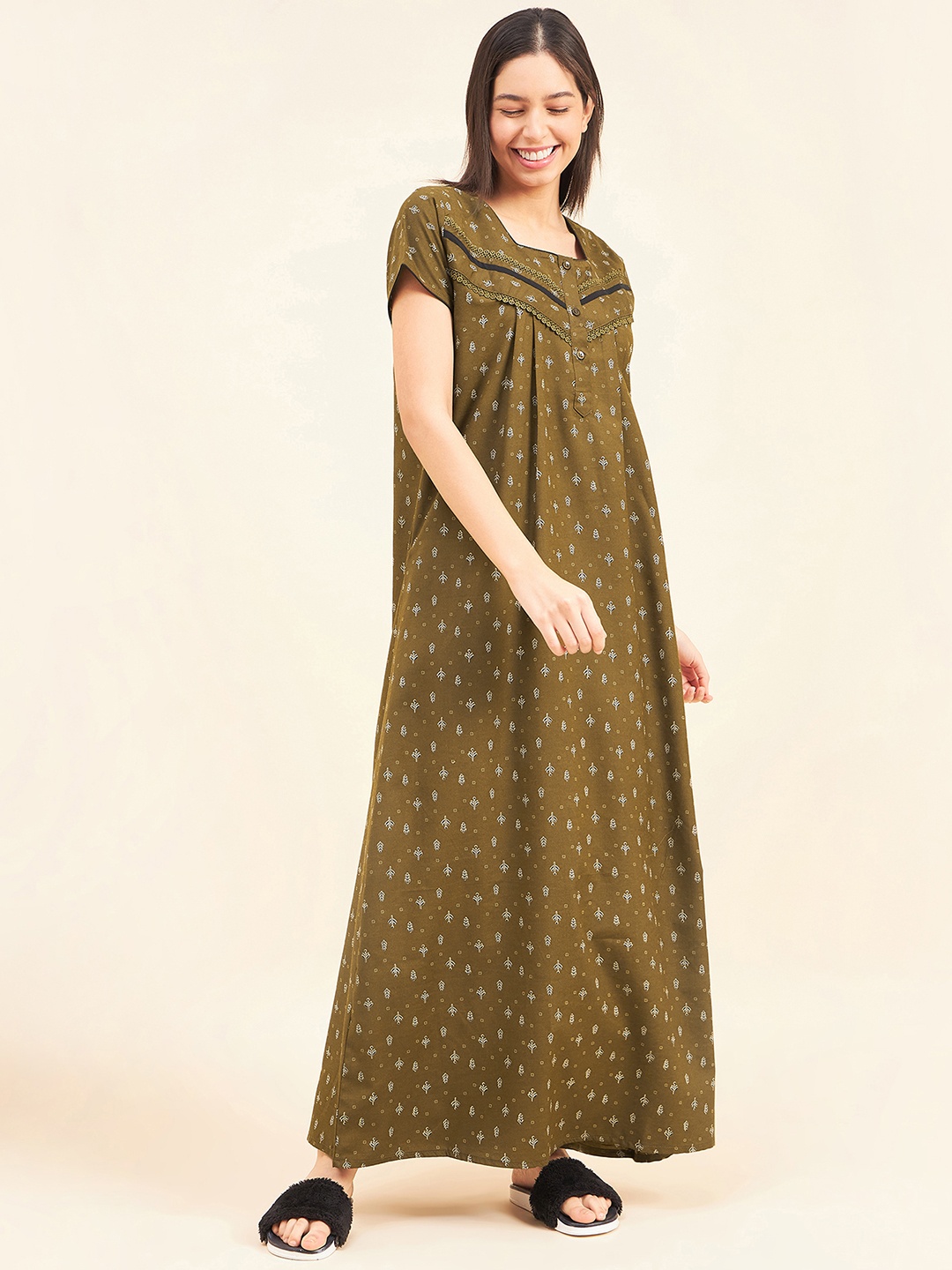 

Sweet Dreams Floral Printed Square Neck Nightdress, Khaki