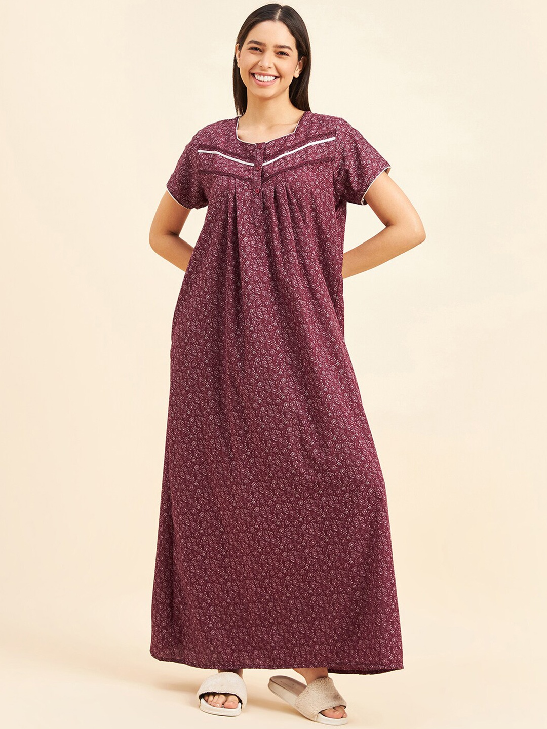 

Sweet Dreams Maroon Printed Maxi Nightdress
