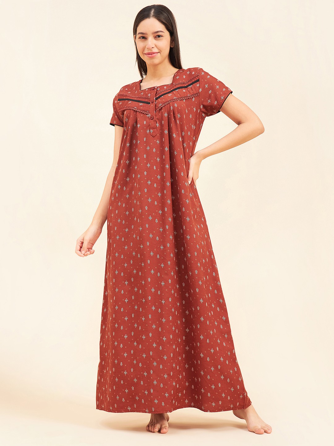 

Sweet Dreams Floral Printed Square Neck Nightdress, Rust