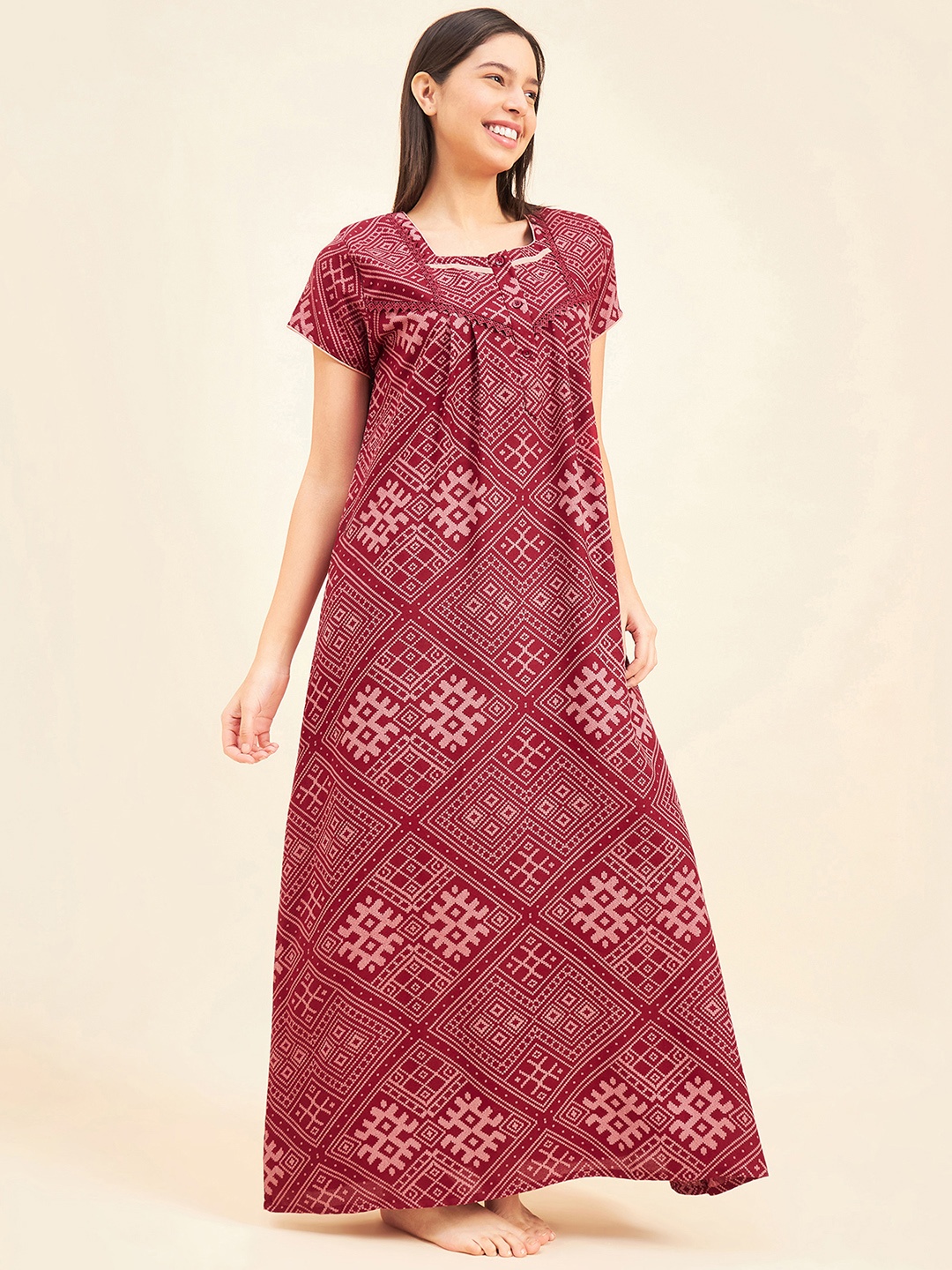 

Sweet Dreams Maroon Ethnic Motifs Printed Pure Cotton Maxi Nightdress