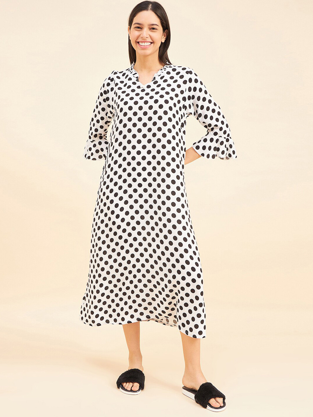 

Sweet Dreams White Polka Dots Printed Midi Nightdress