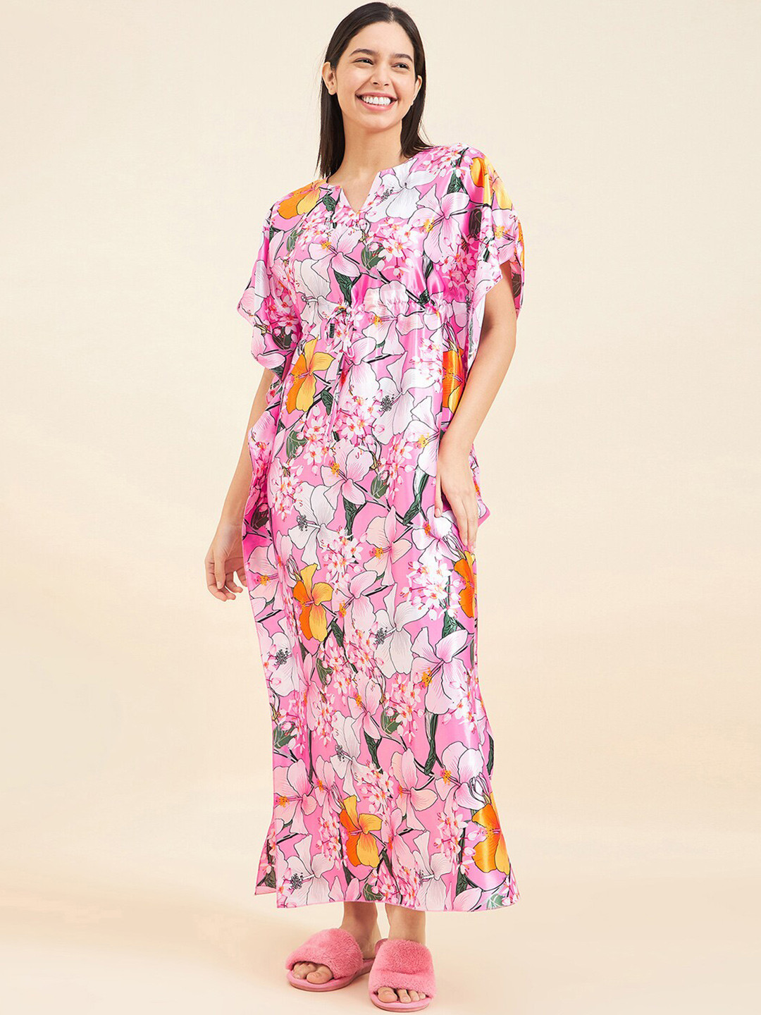 

Sweet Dreams White Floral Printed Satin Kaftan Nightdress, Pink