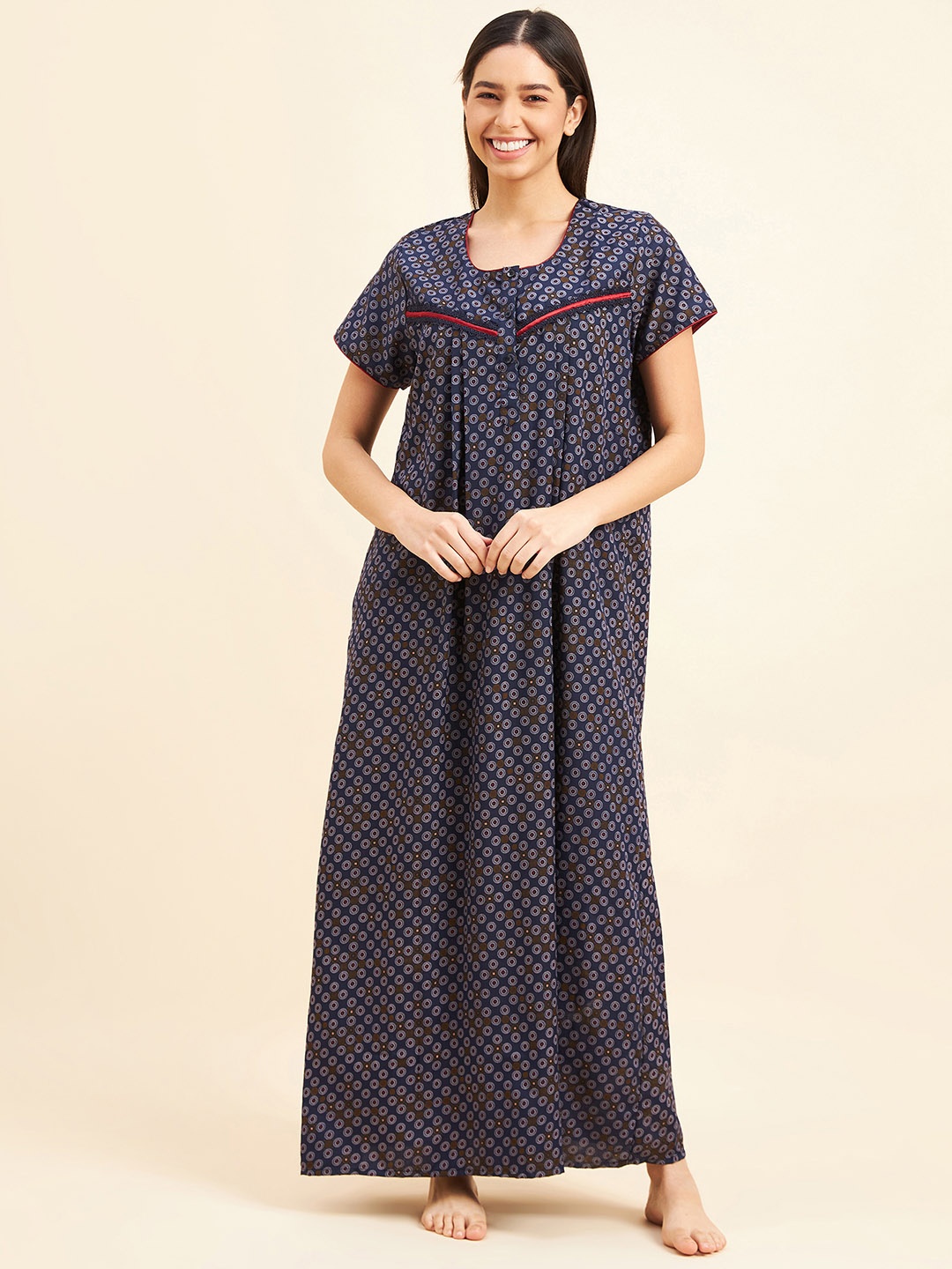 

Sweet Dreams Navy Blue Ethnic Motifs Printed Maxi Nightdress
