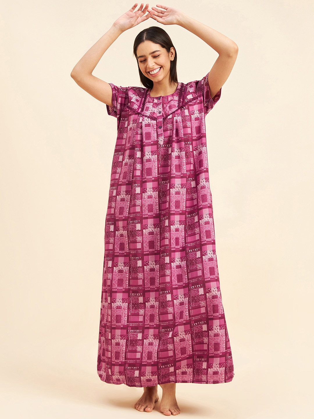 

Sweet Dreams Pink Ethnic Motifs Printed Maxi Nightdress