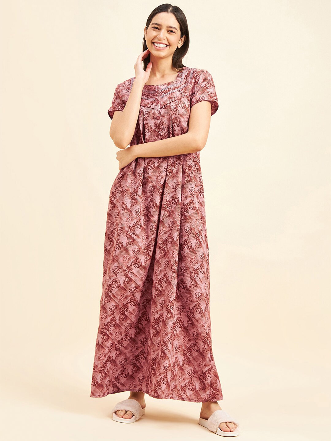 

Sweet Dreams Brown Ethnic Motifs Printed Maxi Nightdress