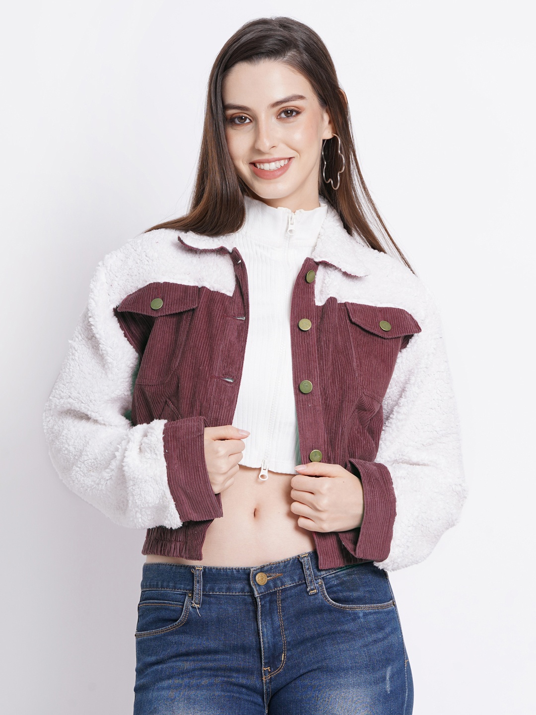 

SUMAVI-FASHION Colourblocked Spread Collar Corduroy Crop Denim Jacket, Maroon