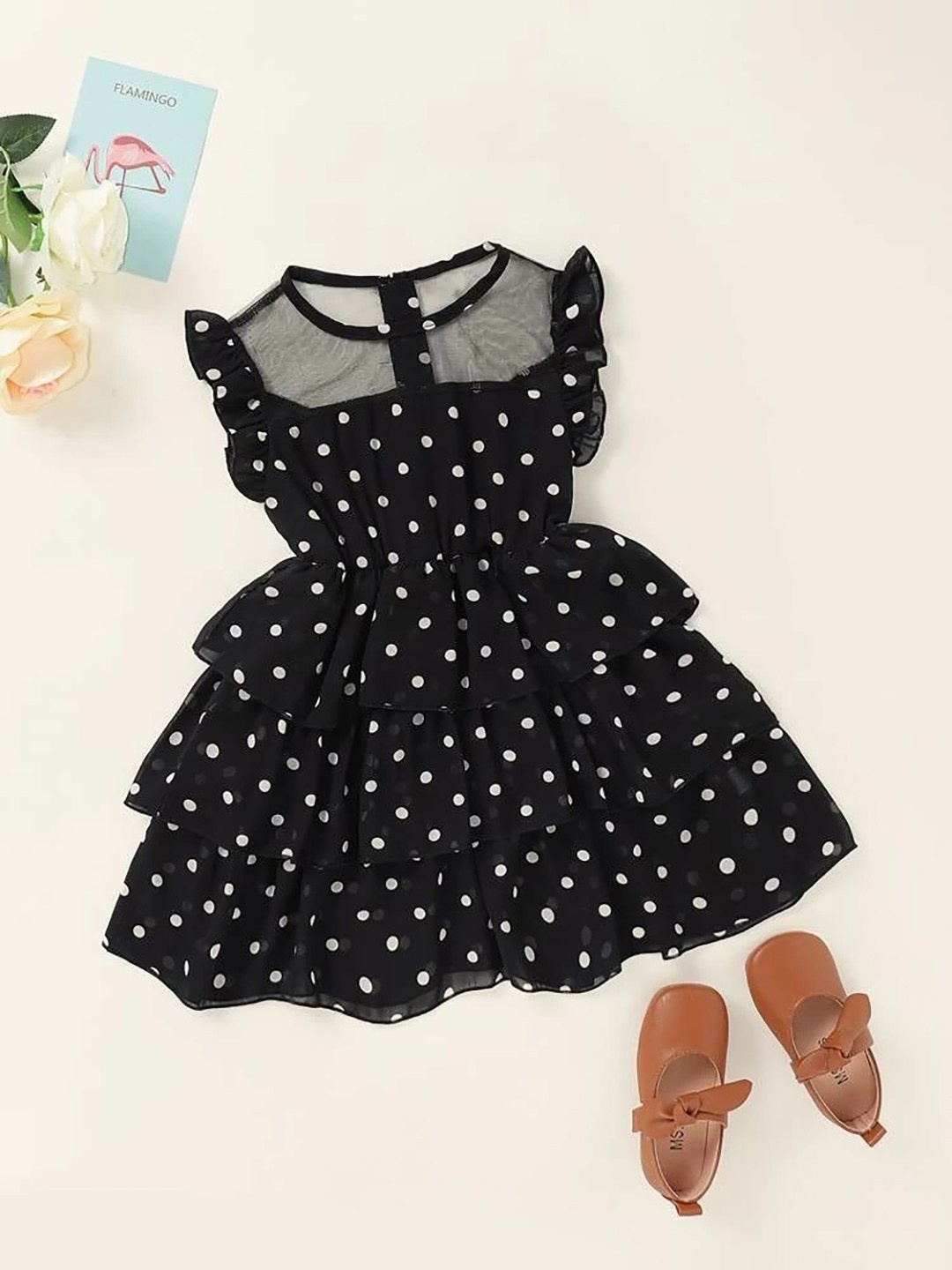 

BAESD Girls Polka Dot Printed Peter Pan Collar Layered Fit & Flare Dress, Black