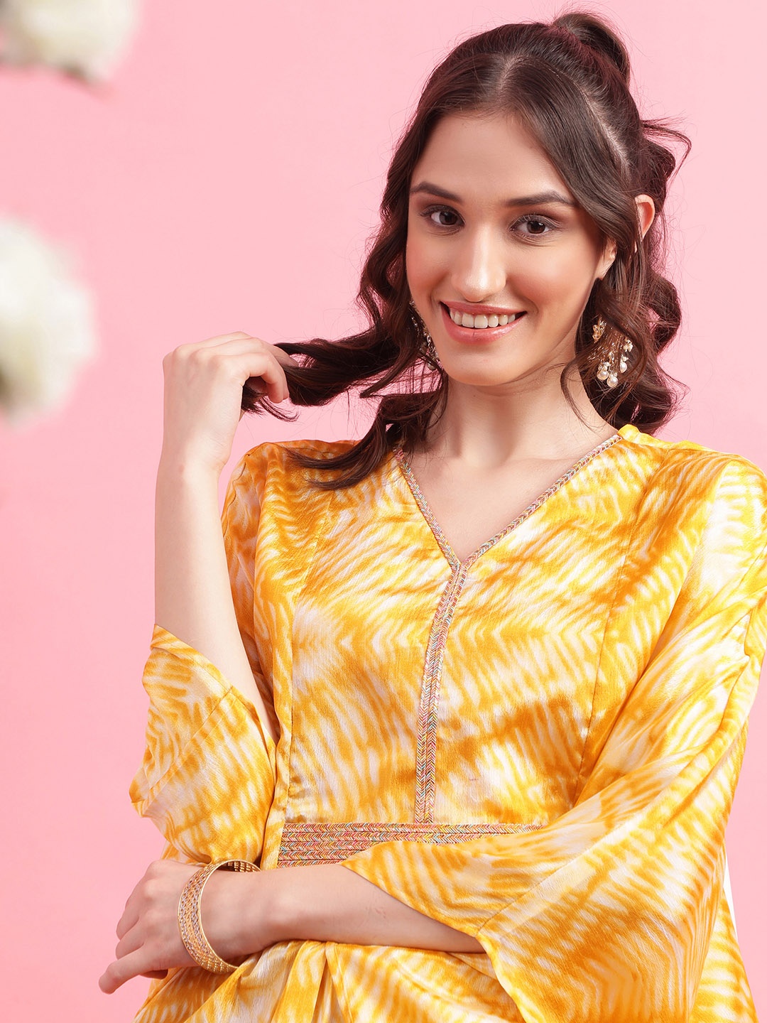 

KALINI Tie & Dyed Gotta Patti Kaftan Kurti With Trousers, Yellow