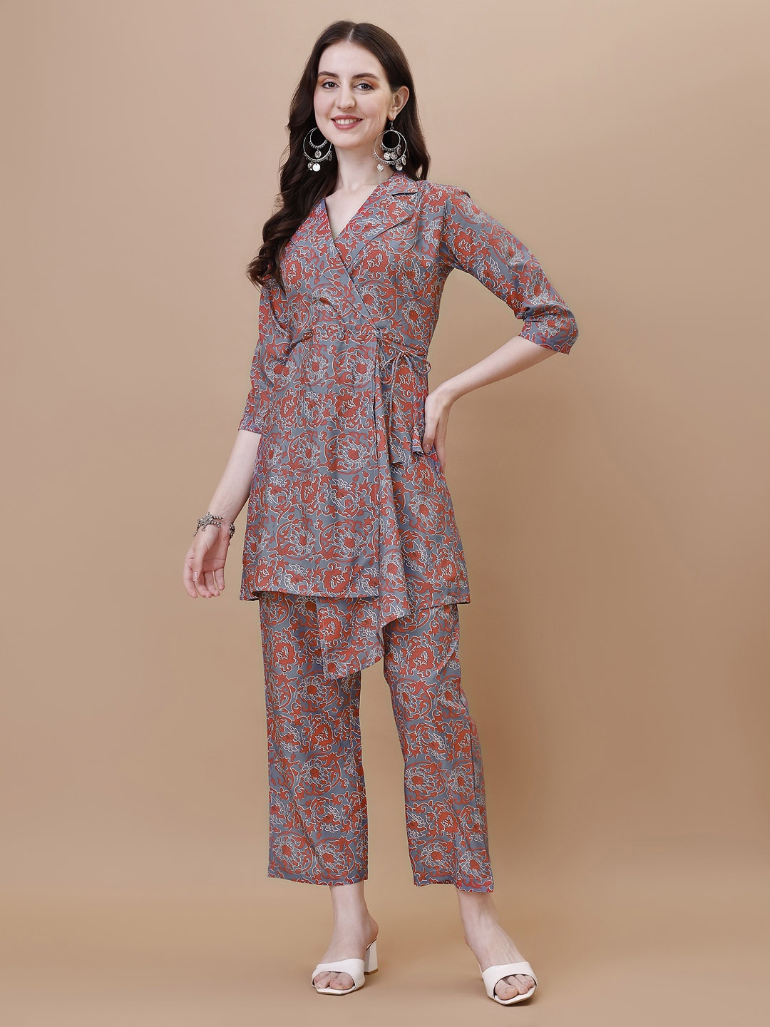 

HERE&NOW Printed V-Neck Tunic & Mid-Rise Trouser, Grey