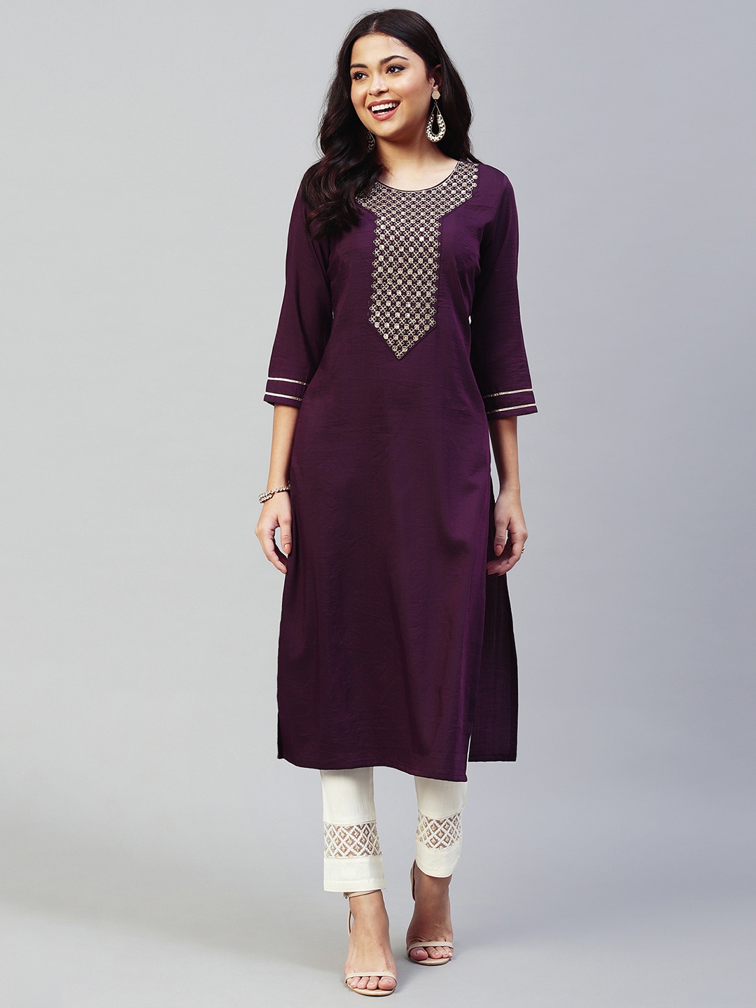 

KALINI Ethnic Motifs Yoke Design Thread Work Kurta, Purple