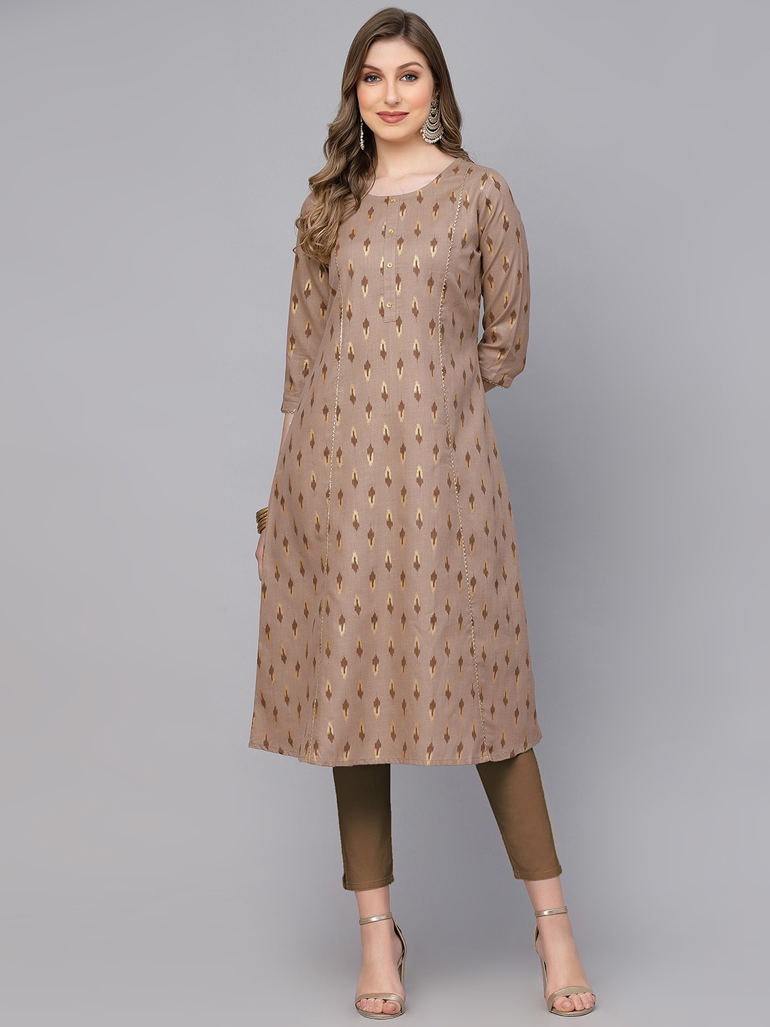

KALINI Ethnic Motifs Foil Printed Cotton Straight Kurta, Beige