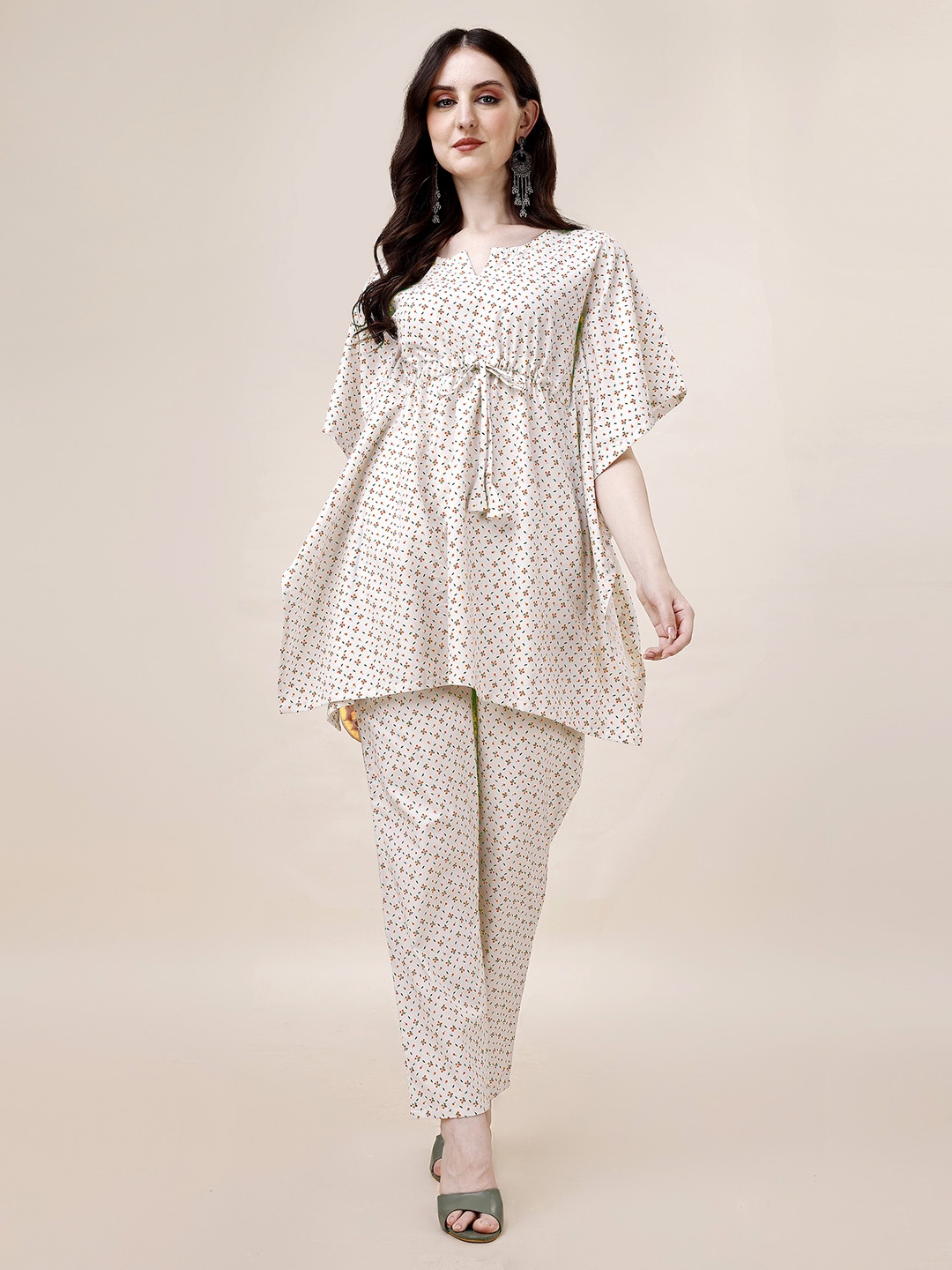 

HERE&NOW Cream -Coloured Printed Kimono Top With Trouser