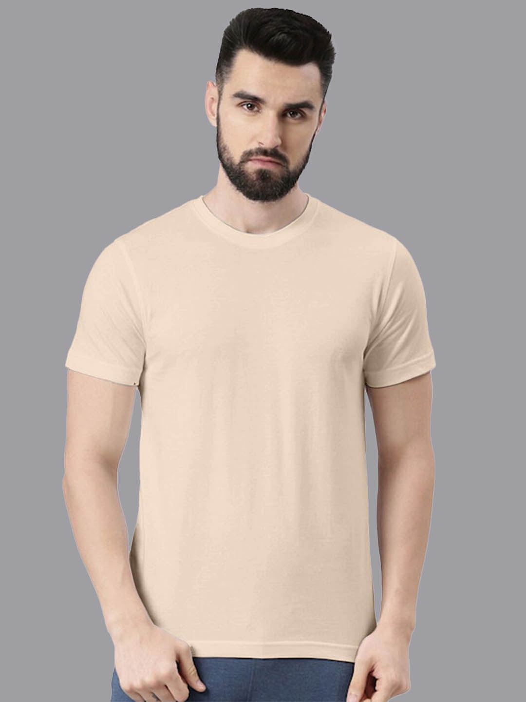 

VEIRDO Men Round Neck Pure Cotton T-shirt, Beige
