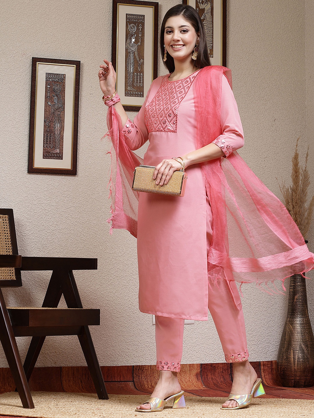 

KALINI Ethnic Motifs Yoke Design Thread Work Kurta With Trousers & Dupatta, Pink