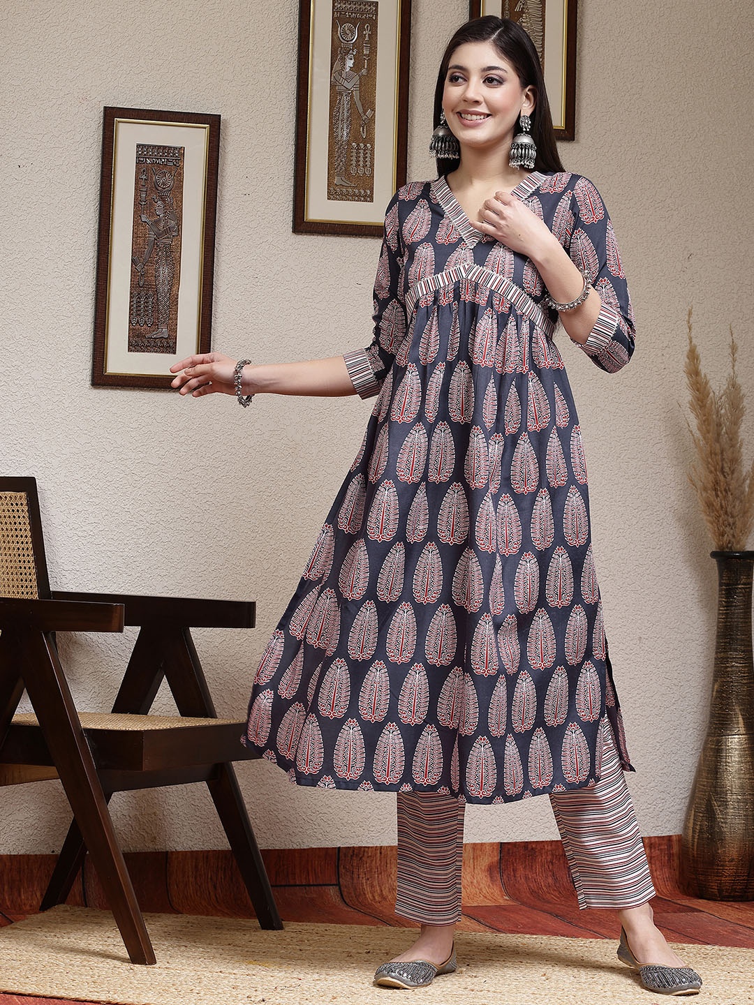 

KALINI Ethnic Motifs Printed A-Line Kurta With Trousers & Dupatta, Blue