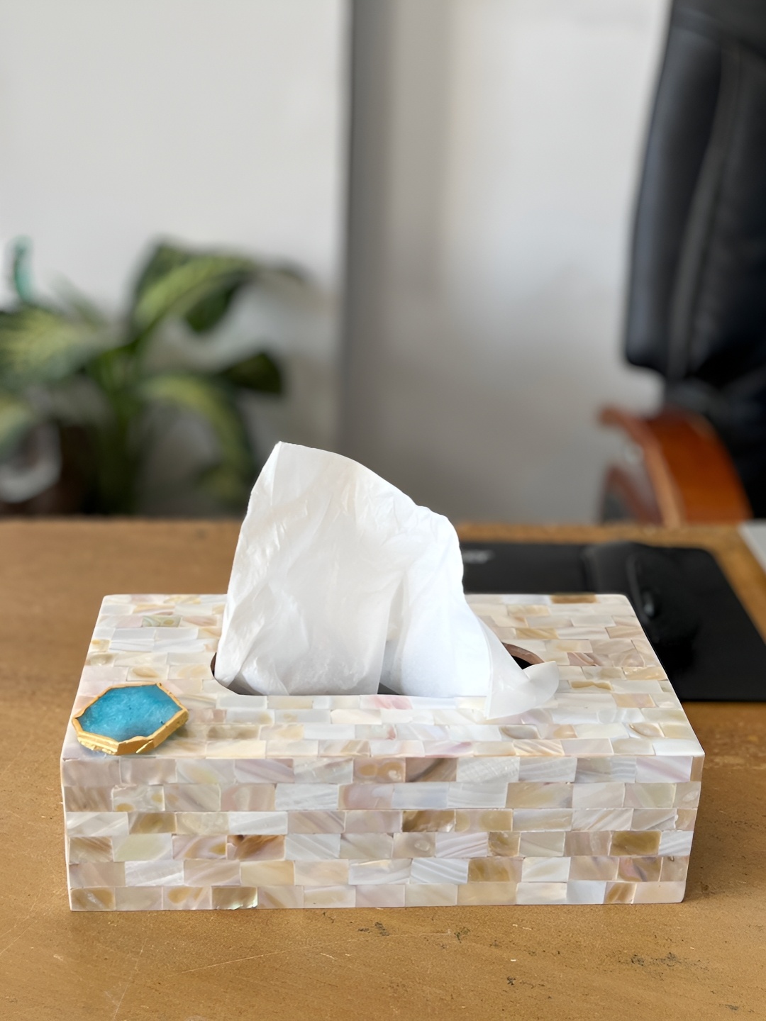 

HOMEARTE Off-White & Turquoise Blue Printed Tissue Holder