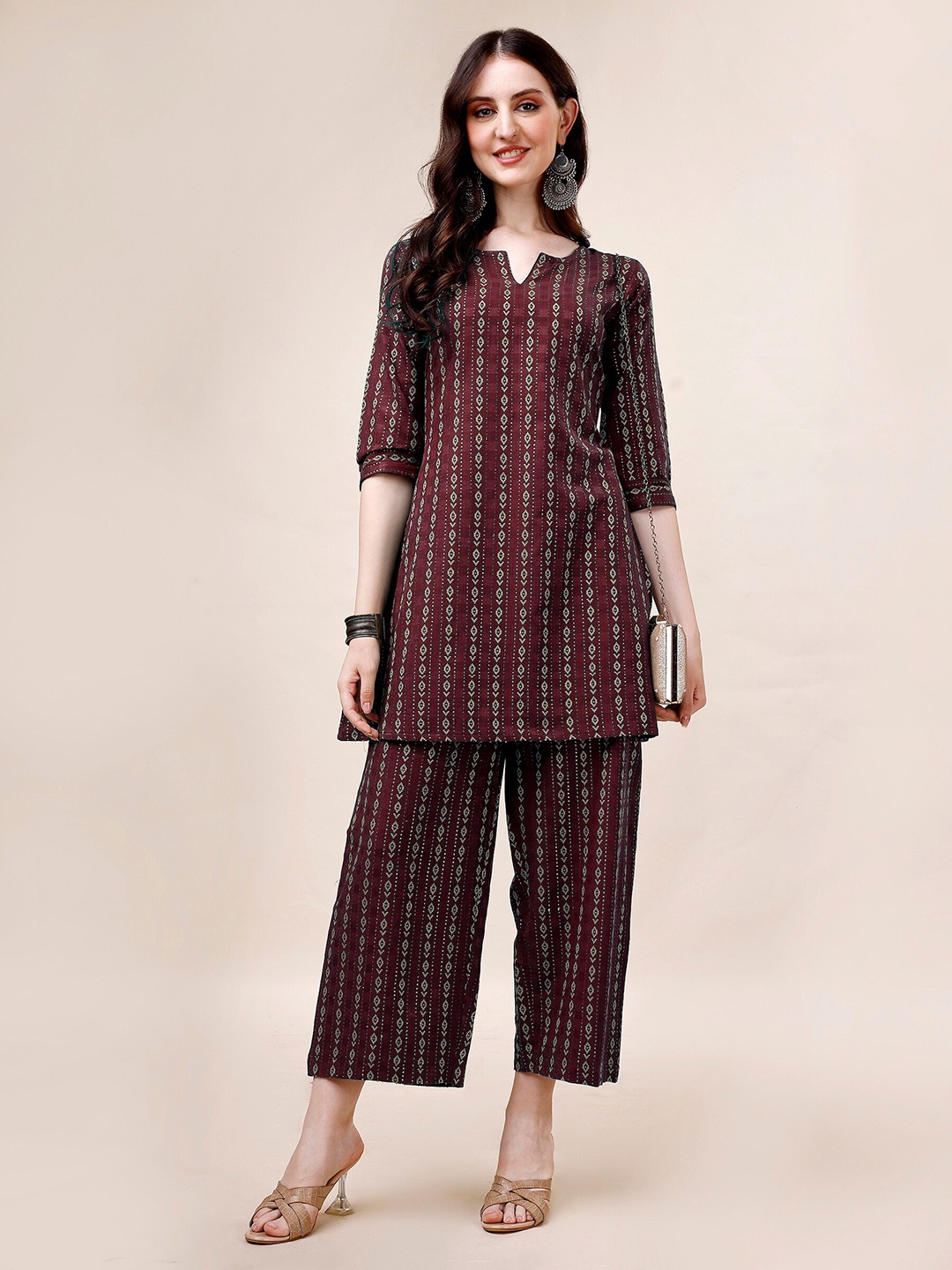 

HERE&NOW Ethnic Motifs Woven Design Regular Tunic With Palazzo, Maroon