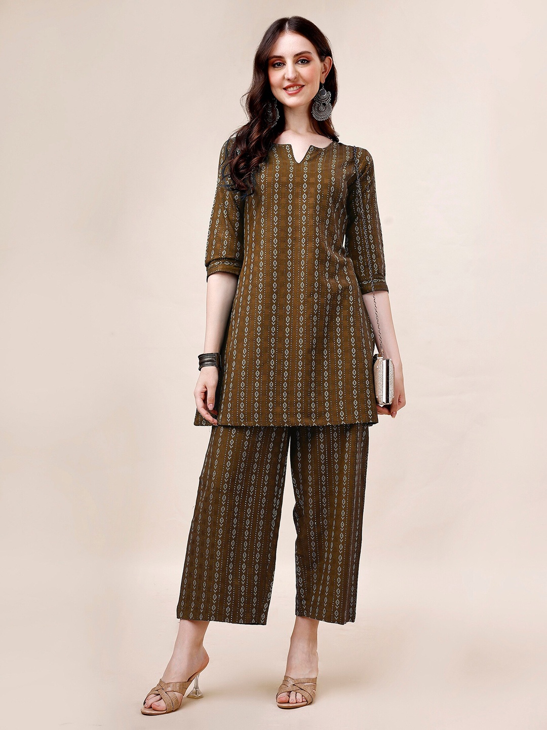 

HERE&NOW Ethnic Motifs Woven Design Regular Tunic With Palazzo, Brown