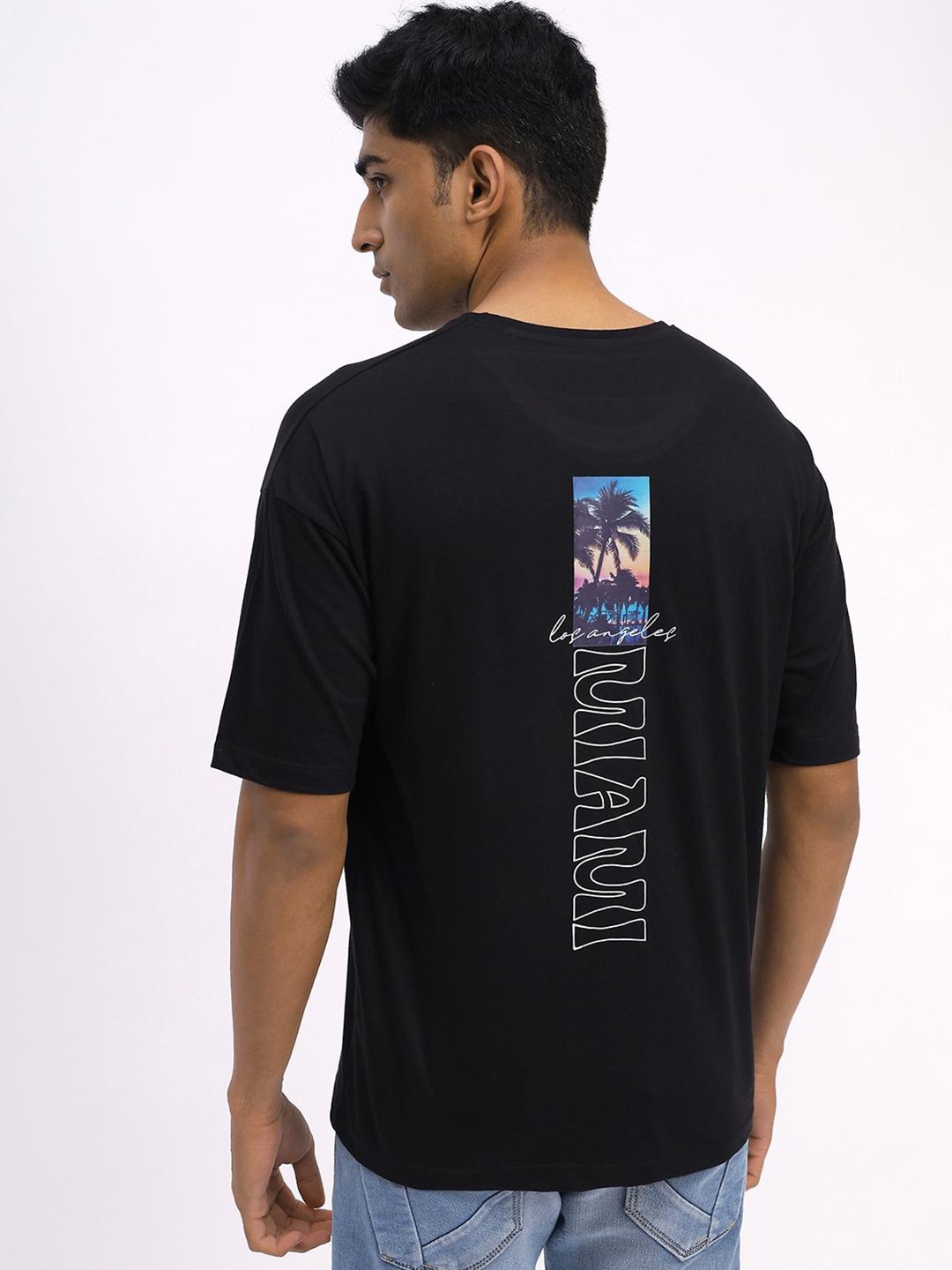 

Mast & Harbour Printed Pure Cotton Drop-Shoulder Sleeves Oversized T-shirt, Black