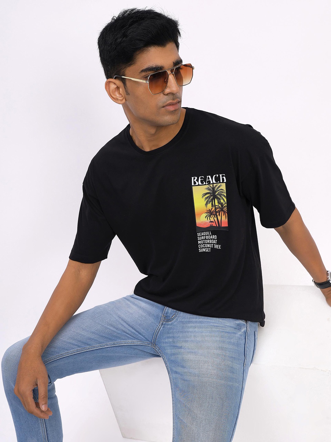 Mast & Harbour Black & White Typography Printed Round Neck Cotton Oversized T-shirt