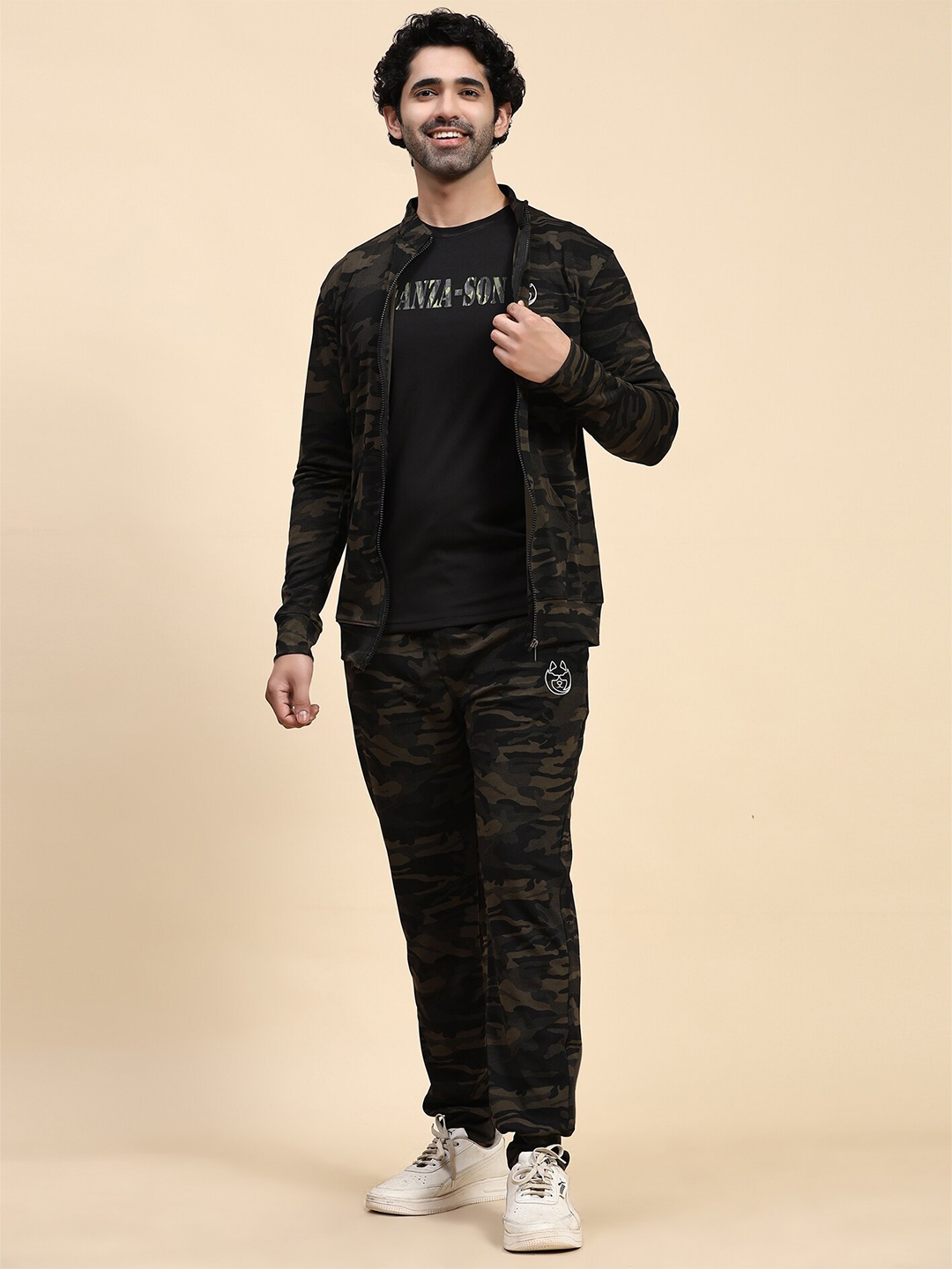 

DANZA-SON Camouflage Printed Stand Collar Tracksuit, Olive