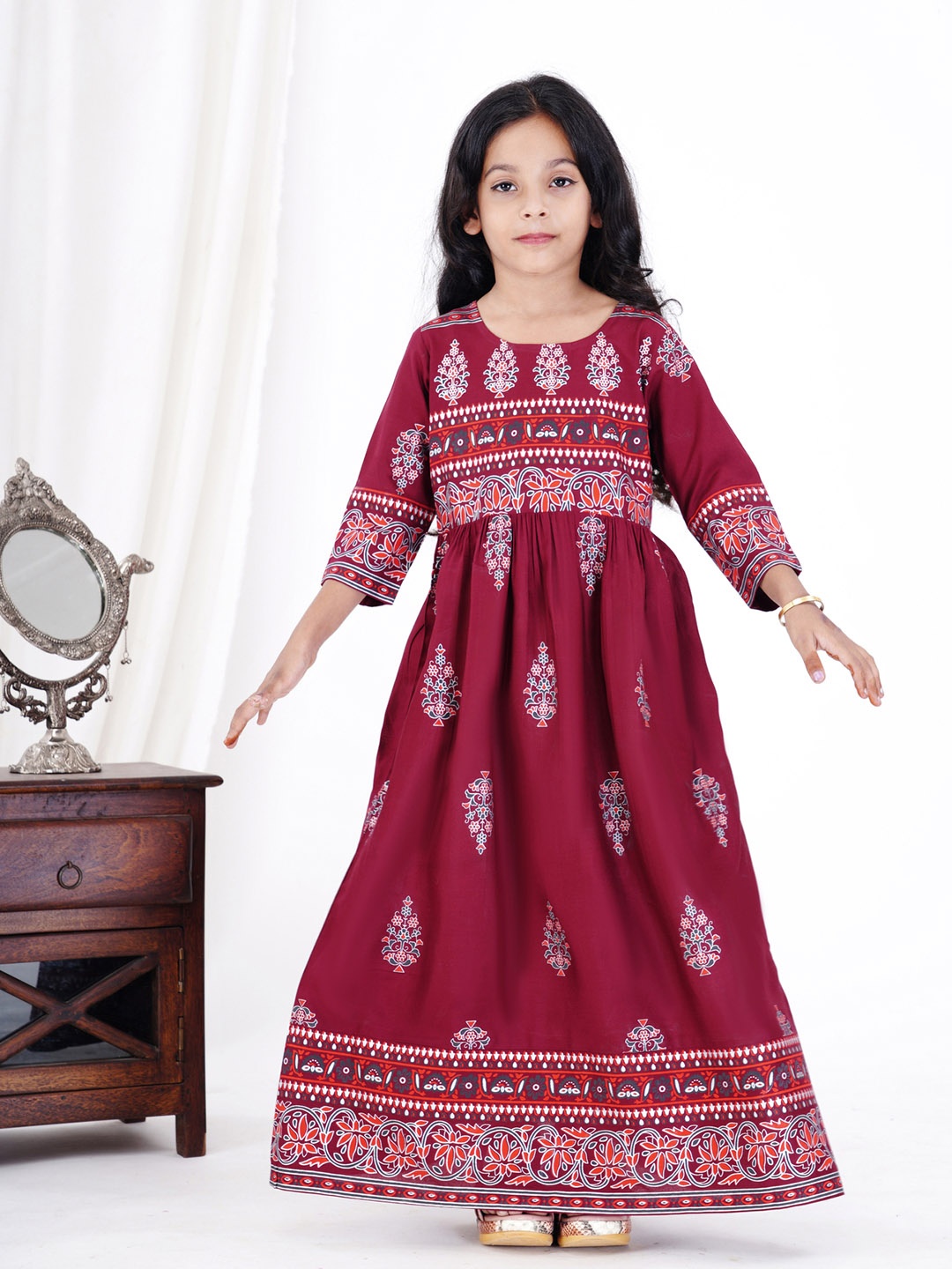 

DRESSAR Girls Ethnic Motifs Printed Round Neck Maxi Dress, Maroon