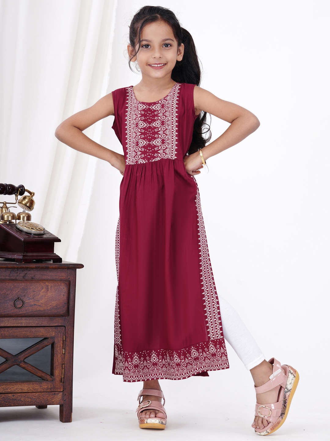 

DRESSAR Girls Floral Printed Maxi Dress, Maroon