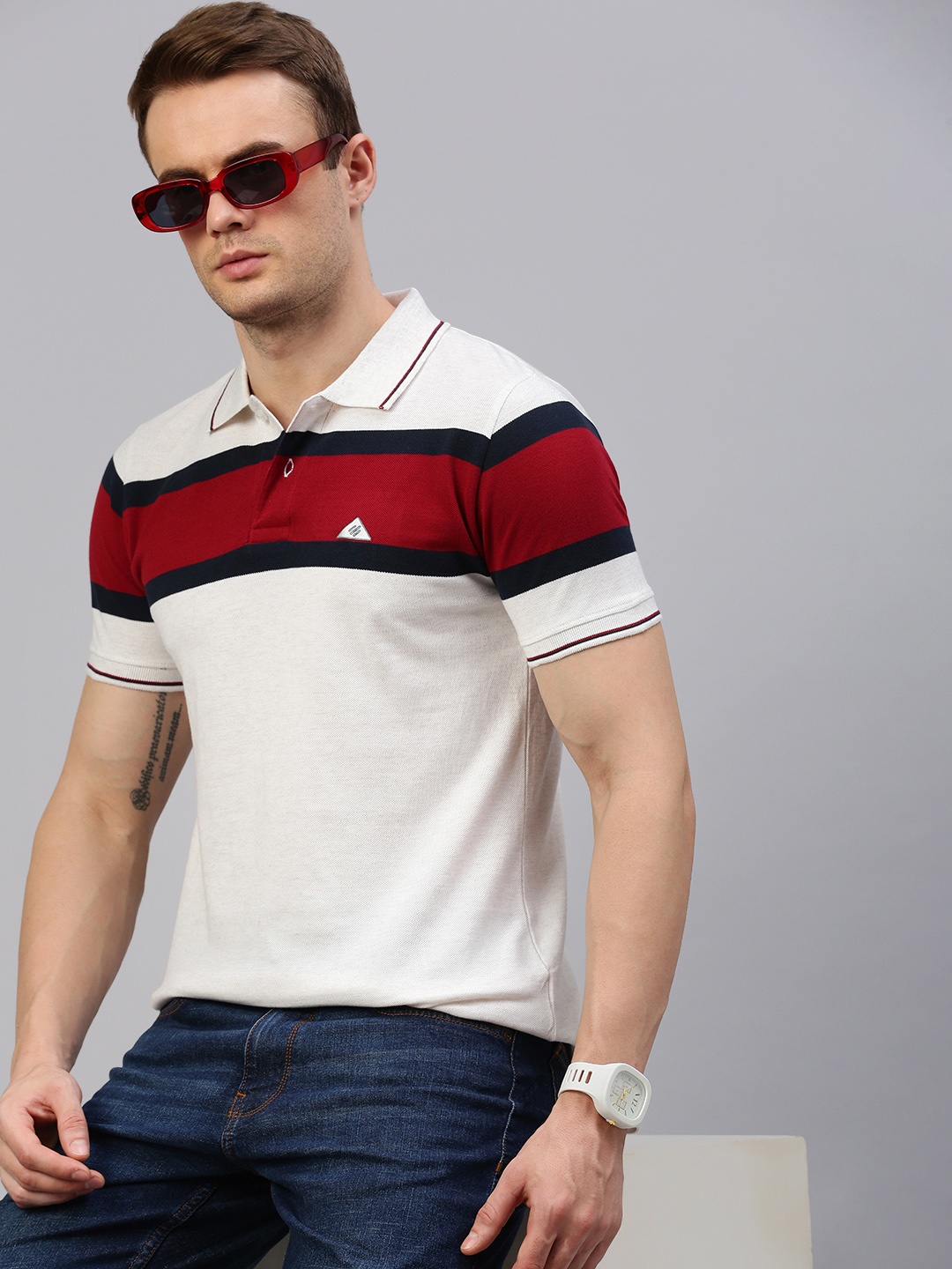 

ONN Striped Polo Collar Cotton T-shirt, White
