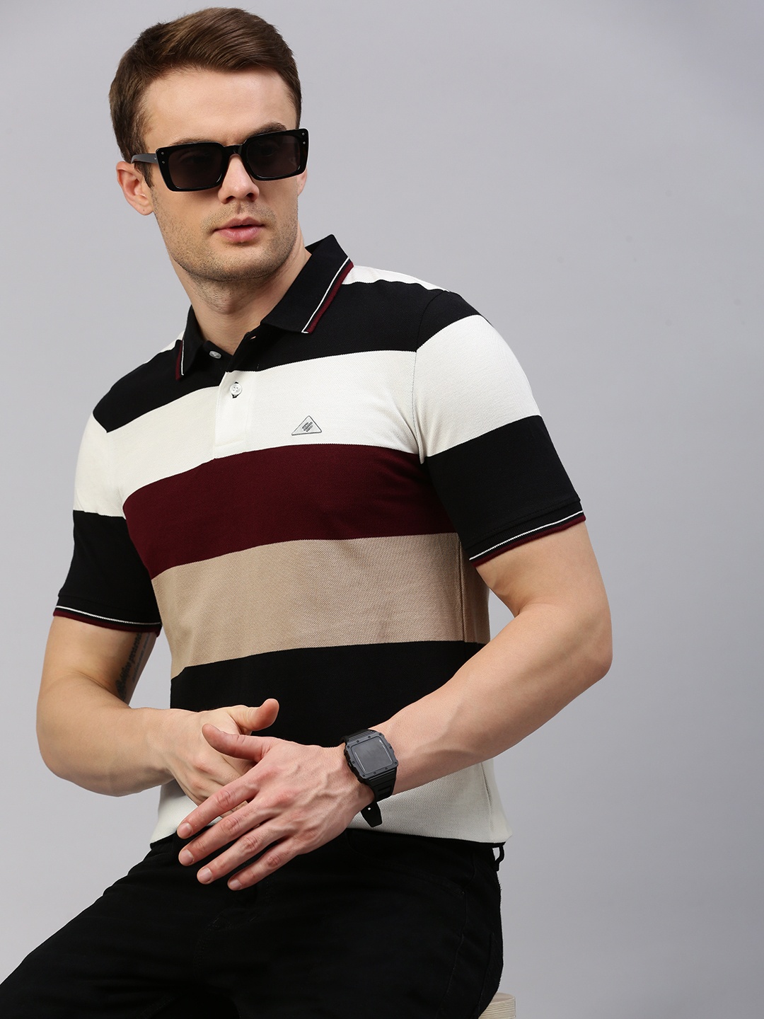 

ONN Striped Polo Collar Cotton T-shirt, White