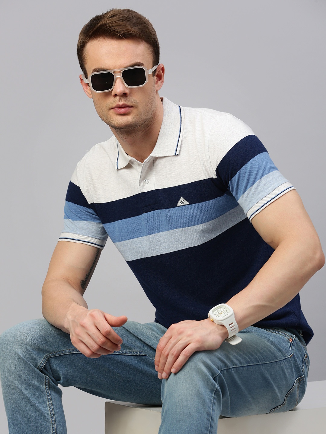 

ONN Striped Polo Collar Cotton T-shirt, Navy blue