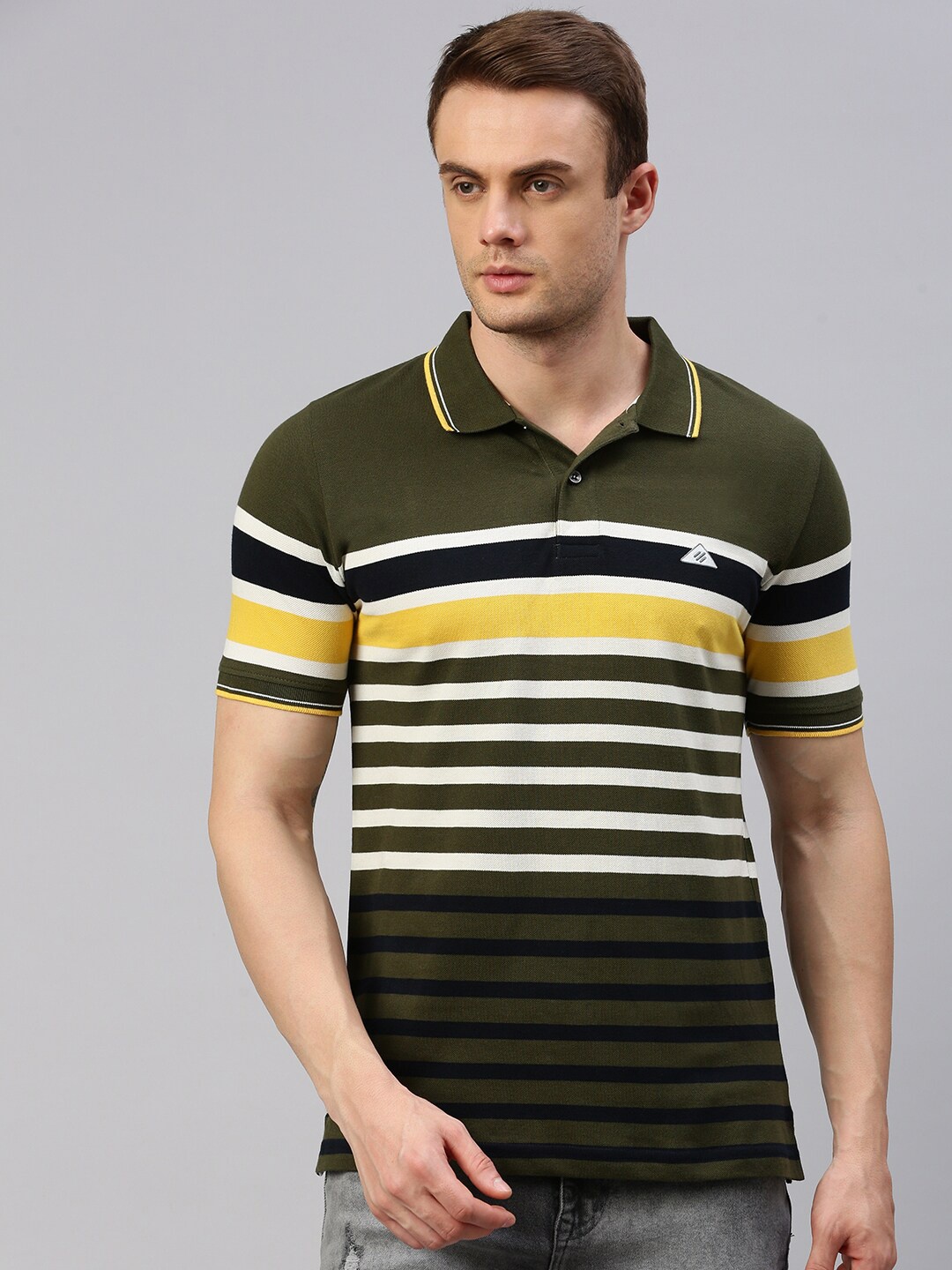 

ONN Striped Polo Collar Pure Cotton T-shirt, Olive