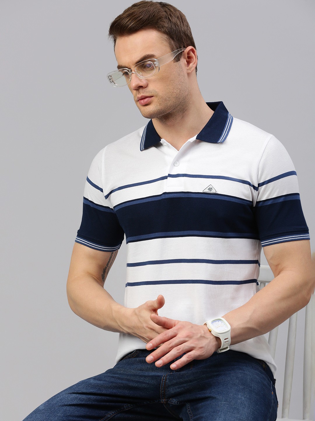 

ONN Striped Polo Collar Cotton T-shirt, White