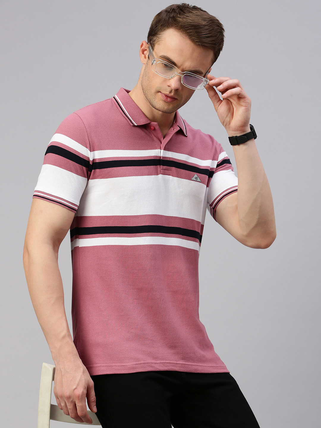 

ONN Striped Polo Collar Cotton T-shirt, Pink